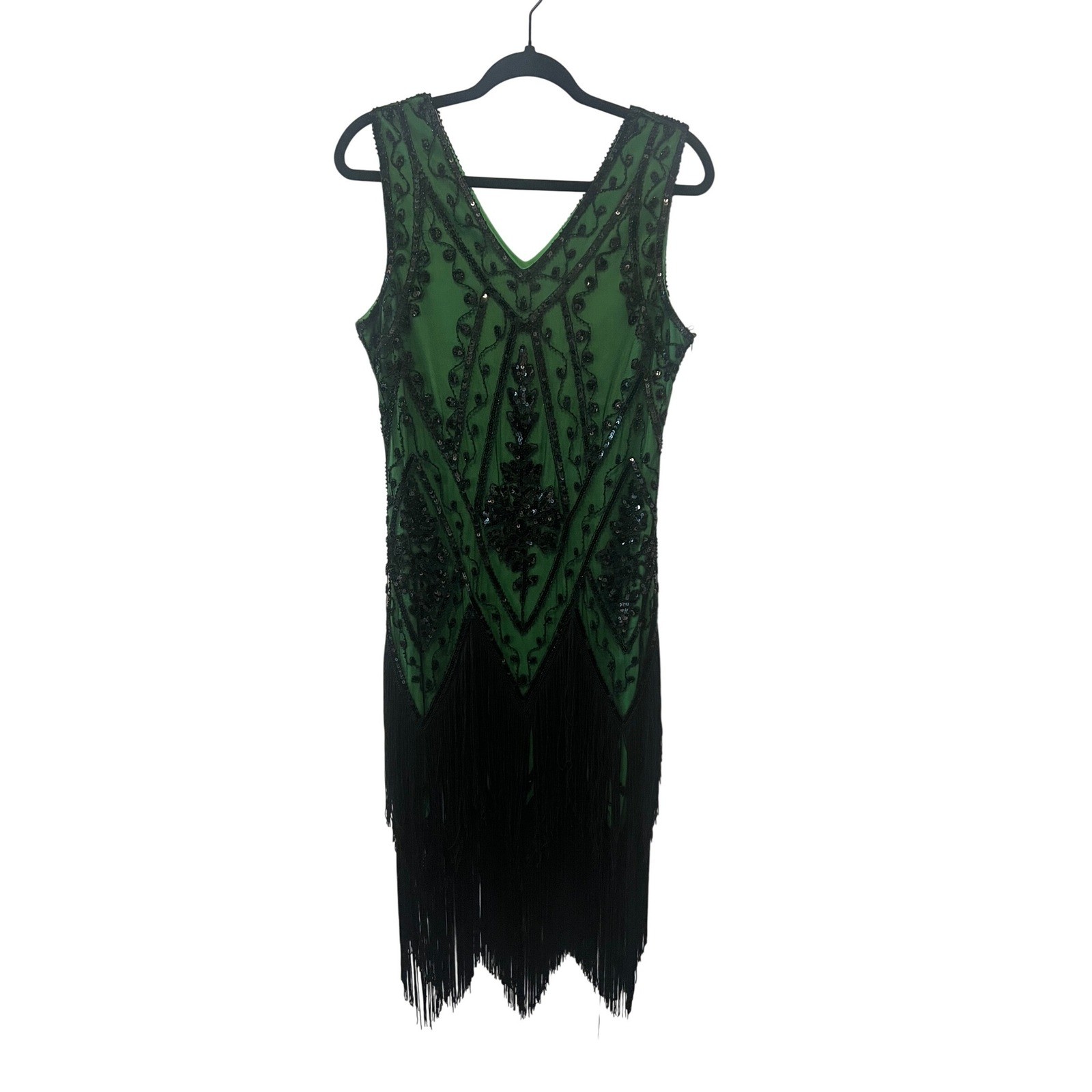PrettyGuide Green Black Sequin Fringe Flapper Dress 1920s Gatsby Style L (1098)