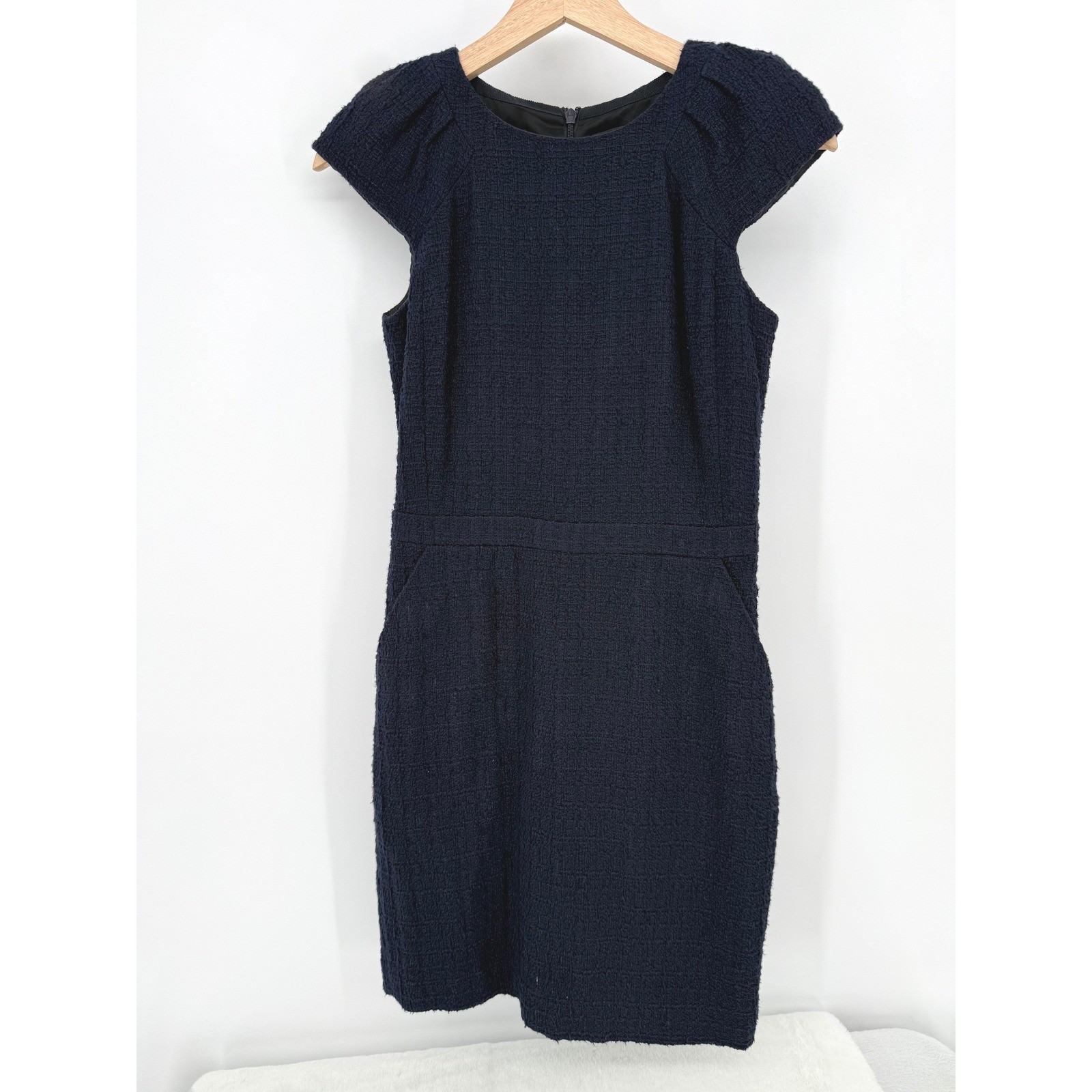 J.Crew Tweed Sheath Dress Womens Size 00 Navy Blue Cap Sleeve Pockets