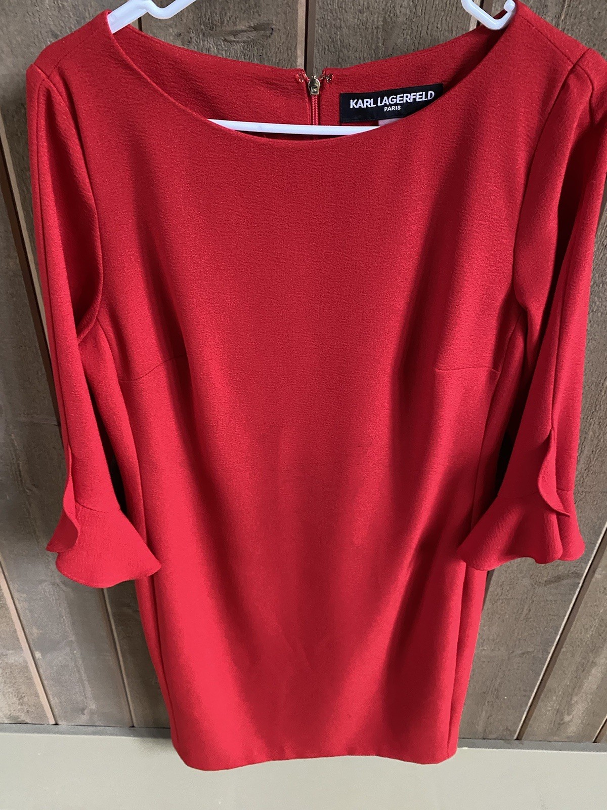 Karl Lagerfeld Red Sheath Dress 3/4 Ruffle Sleeve Size 10