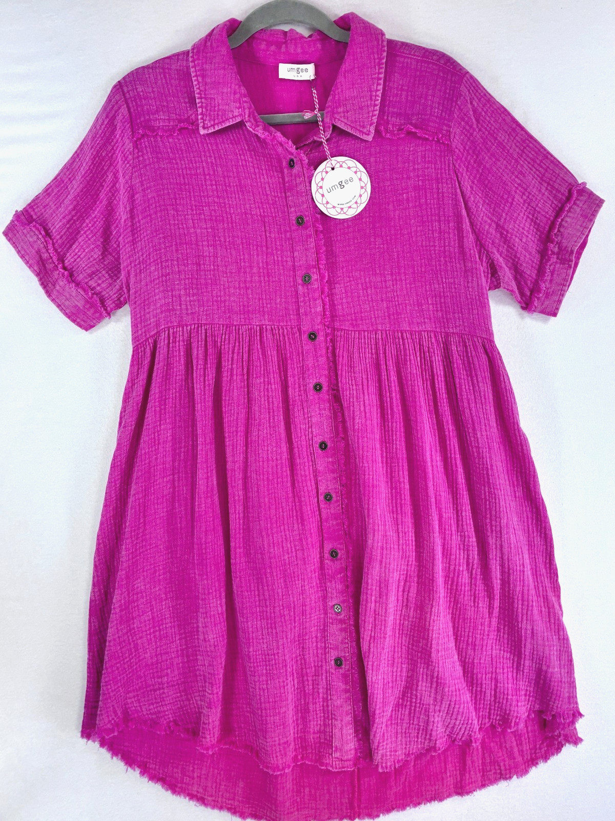 Umgee M Boho Hot Pink / Fuchsia Gauze Mini Shirt Dress New Babydoll 100% Cotton