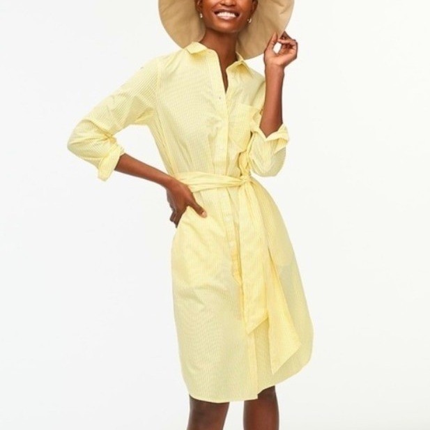 J. Crew Yellow Stripe Poplin Tie Belt Americana Countrycore Shirt Dress 12P