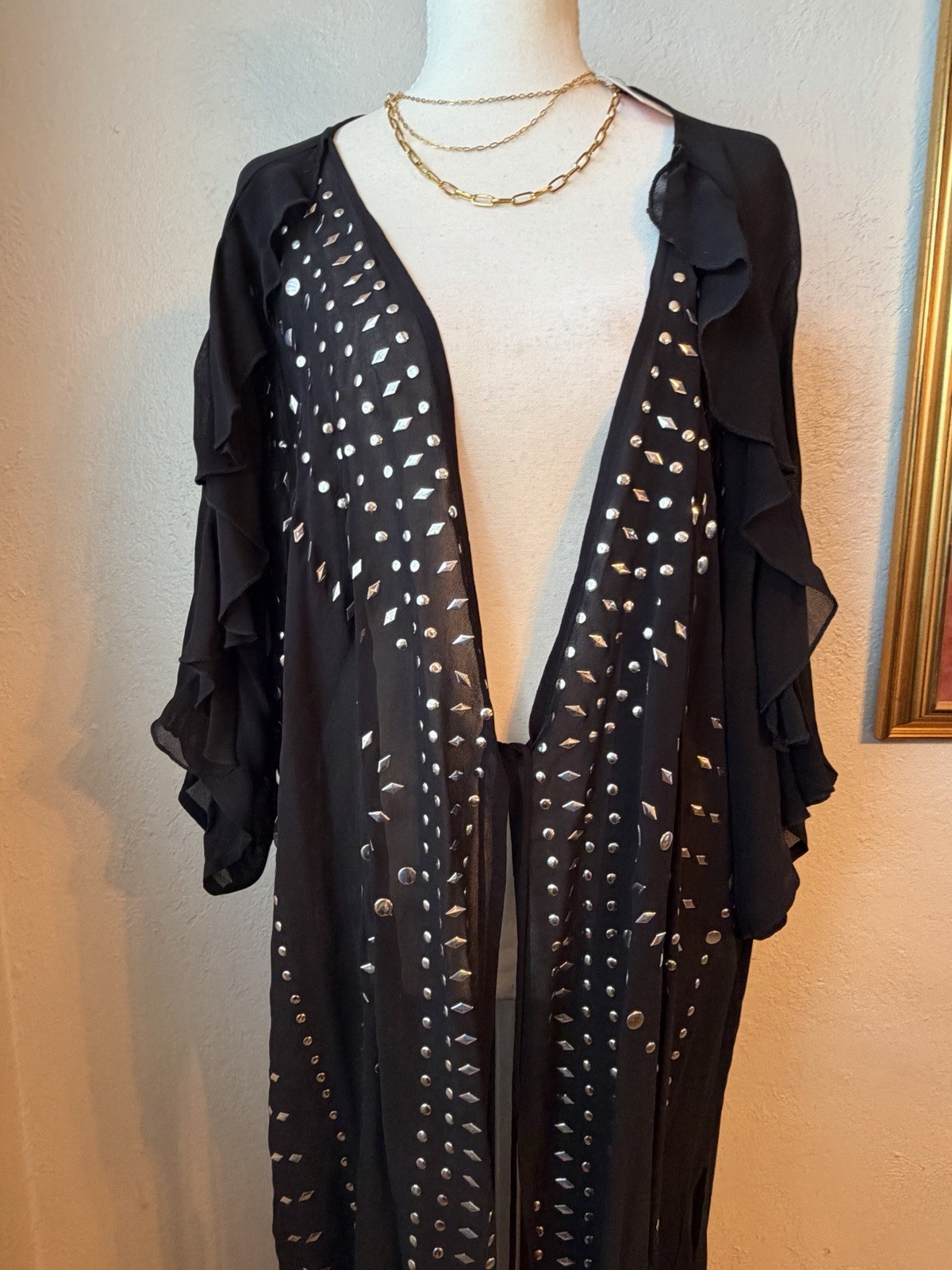 33- Free People Studded Duster Kimono Black NWT Sheer Cardigan Boho Cover Up