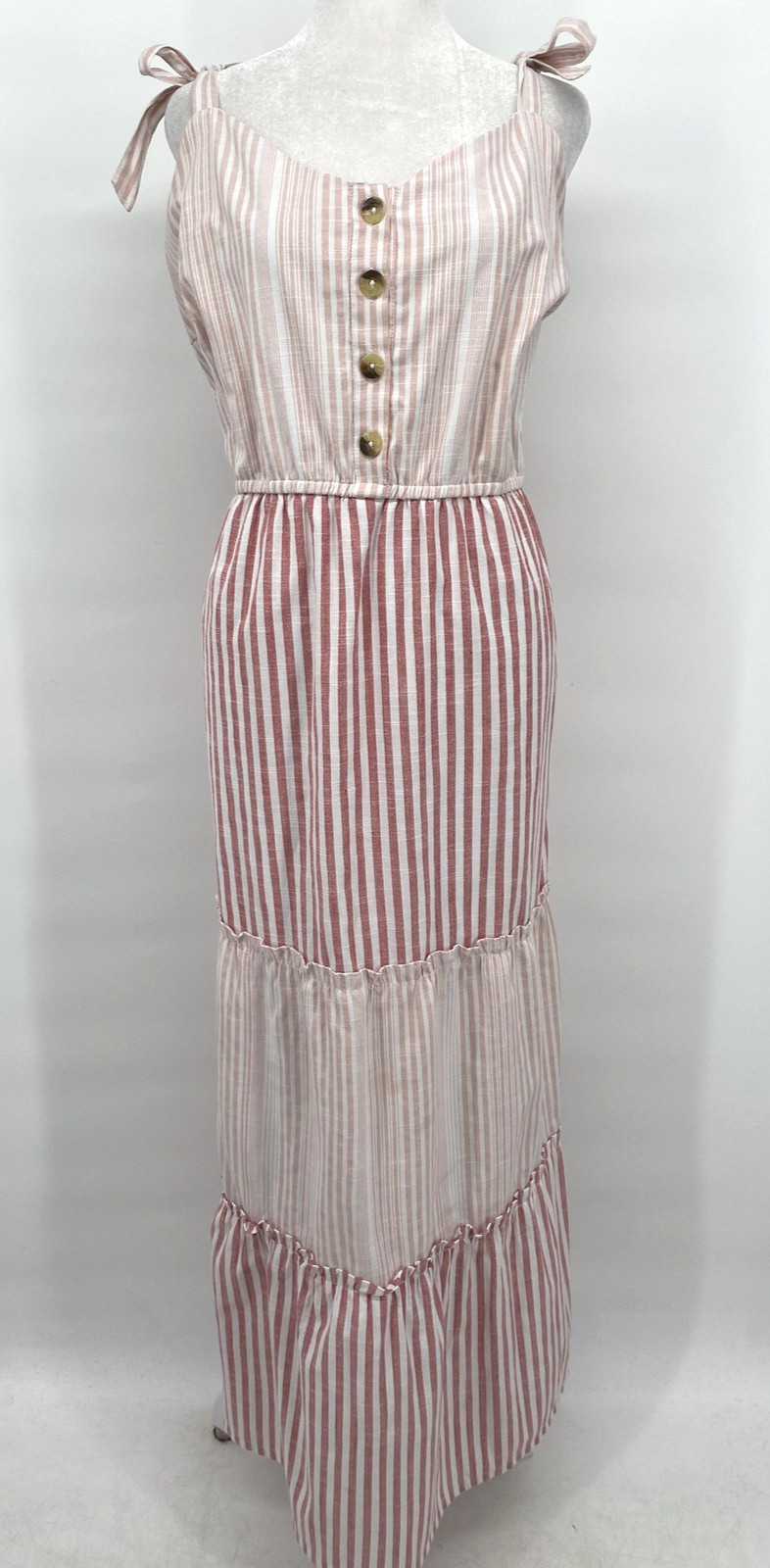 VTG Y2K True Craft Sun Dress Womens 1X Pink Stripe Tie Strap Tiered Maxi Beachy