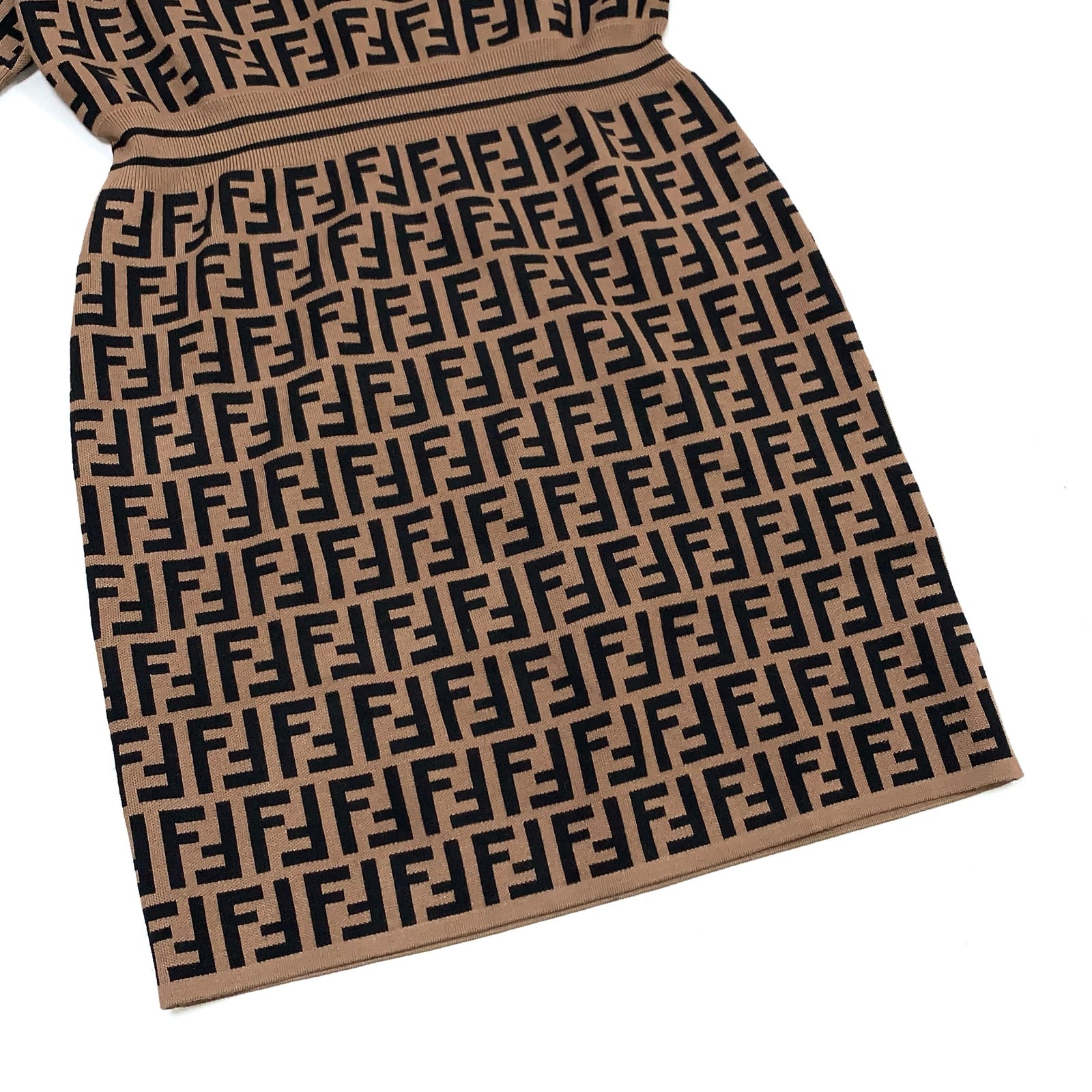 Fendi Zucca FF Monogram Logo Knitted Polo Stretched Dress Brown 38 (S) Size