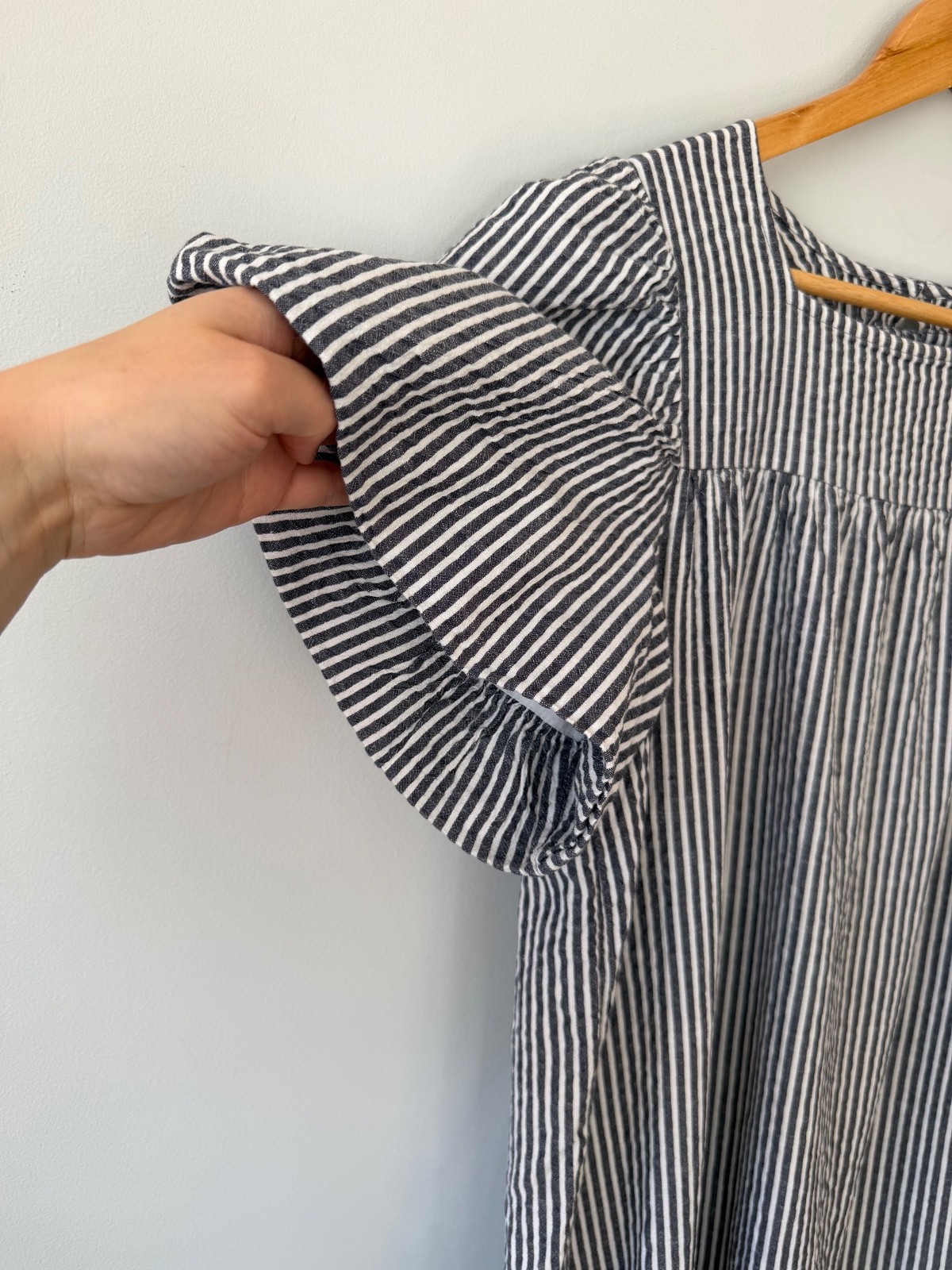 Next Navy Striped Tiered Puff Sleeve Cotton Dress UK 16 Keyhole Back