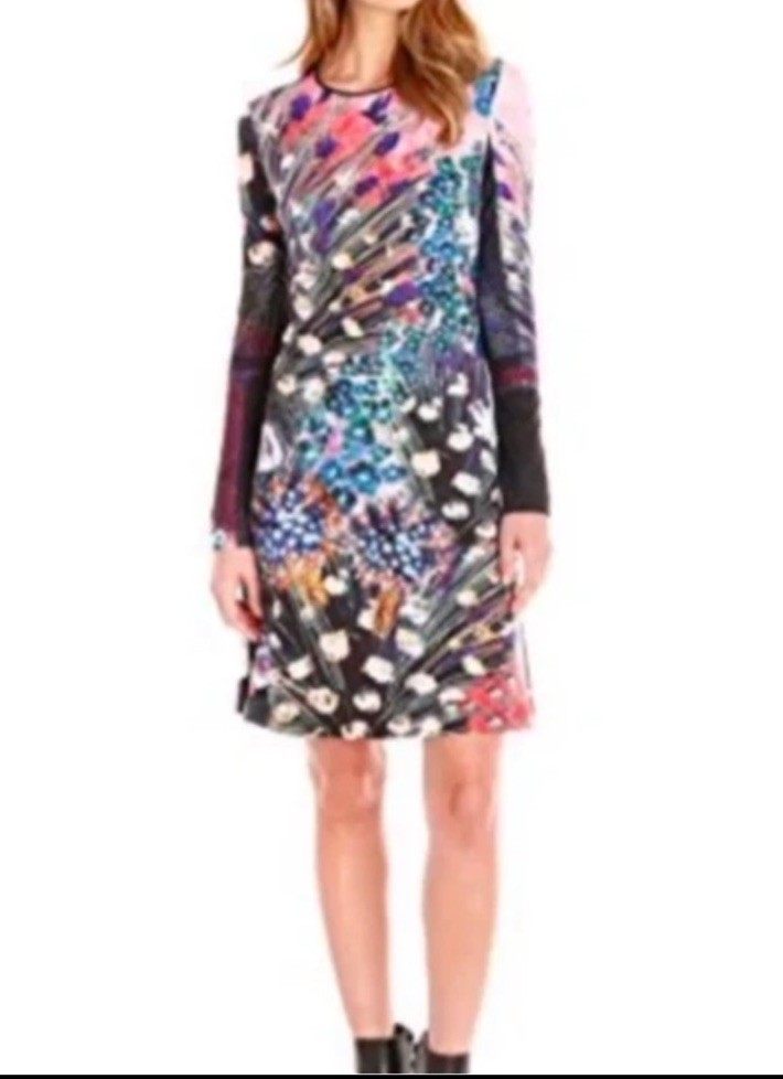 Clover Canyon Colorful Abstract Peacock Etched Bloom Floral Shift Dress Sz L