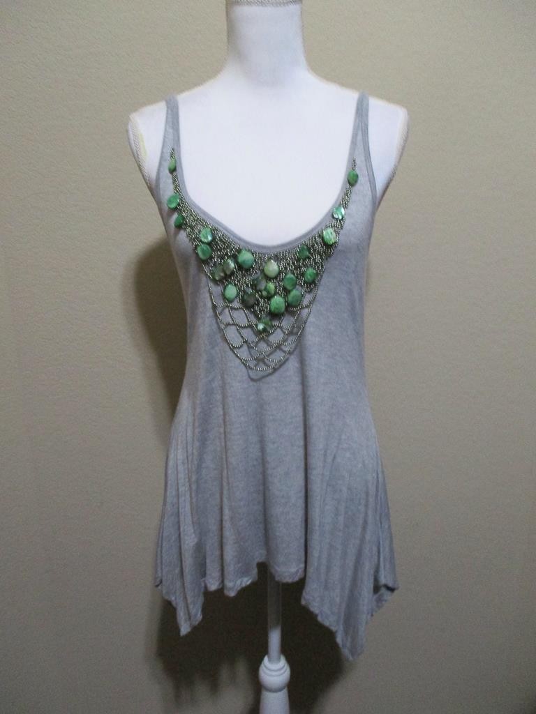 Bebe Gray with Green & Silver Beaded Long Tank Top/ Mini Dress Women’s Size L