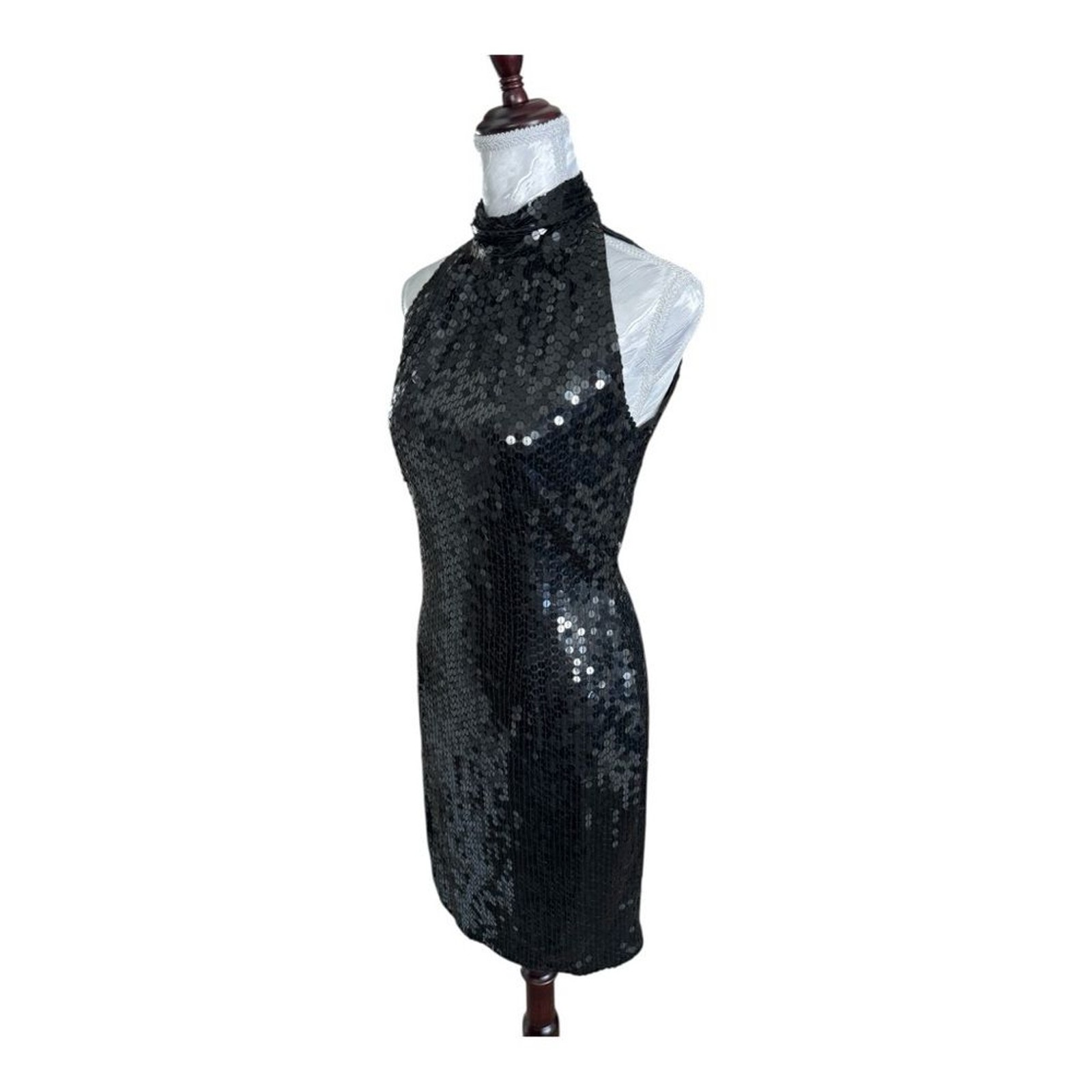 Vintage Nite Line Black Sequin High Neck Cutout Back Evening Dress Size 8