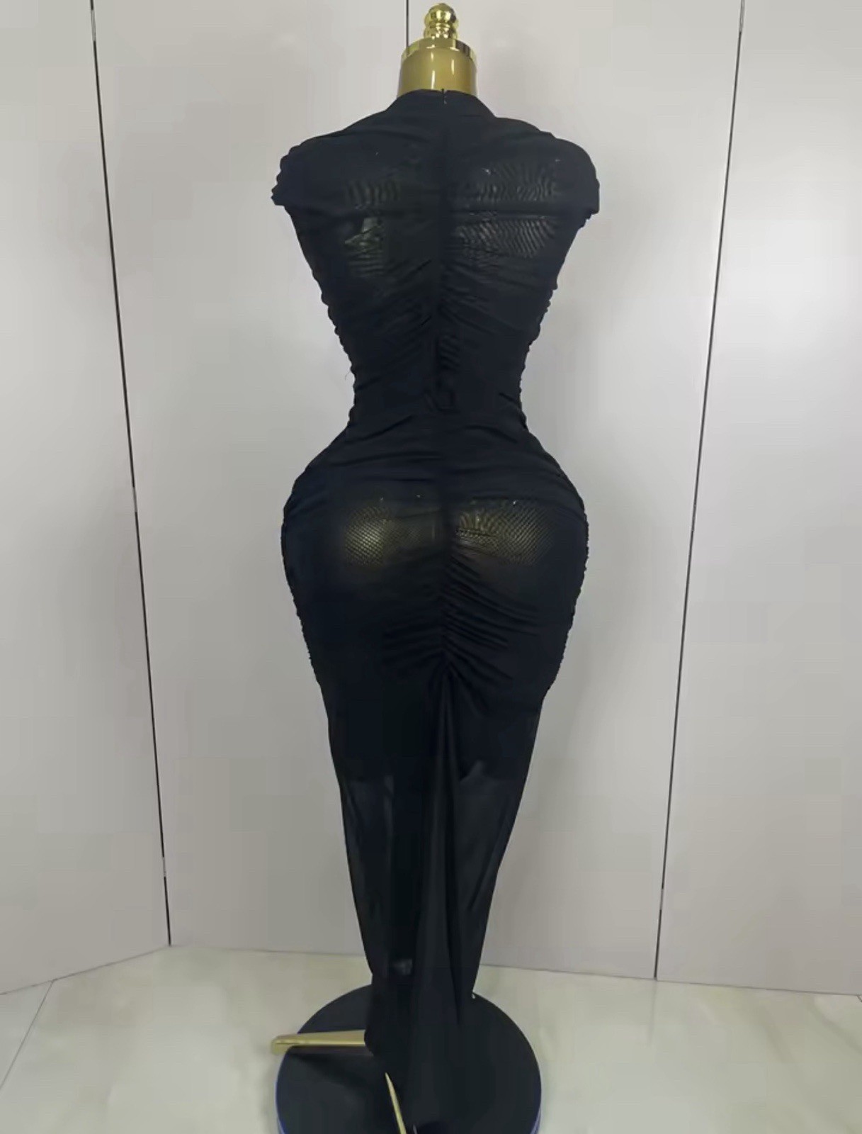 Women’s Black Ruched Mesh Cutout Maxi Dress Sheer Bodycon Evening Gown