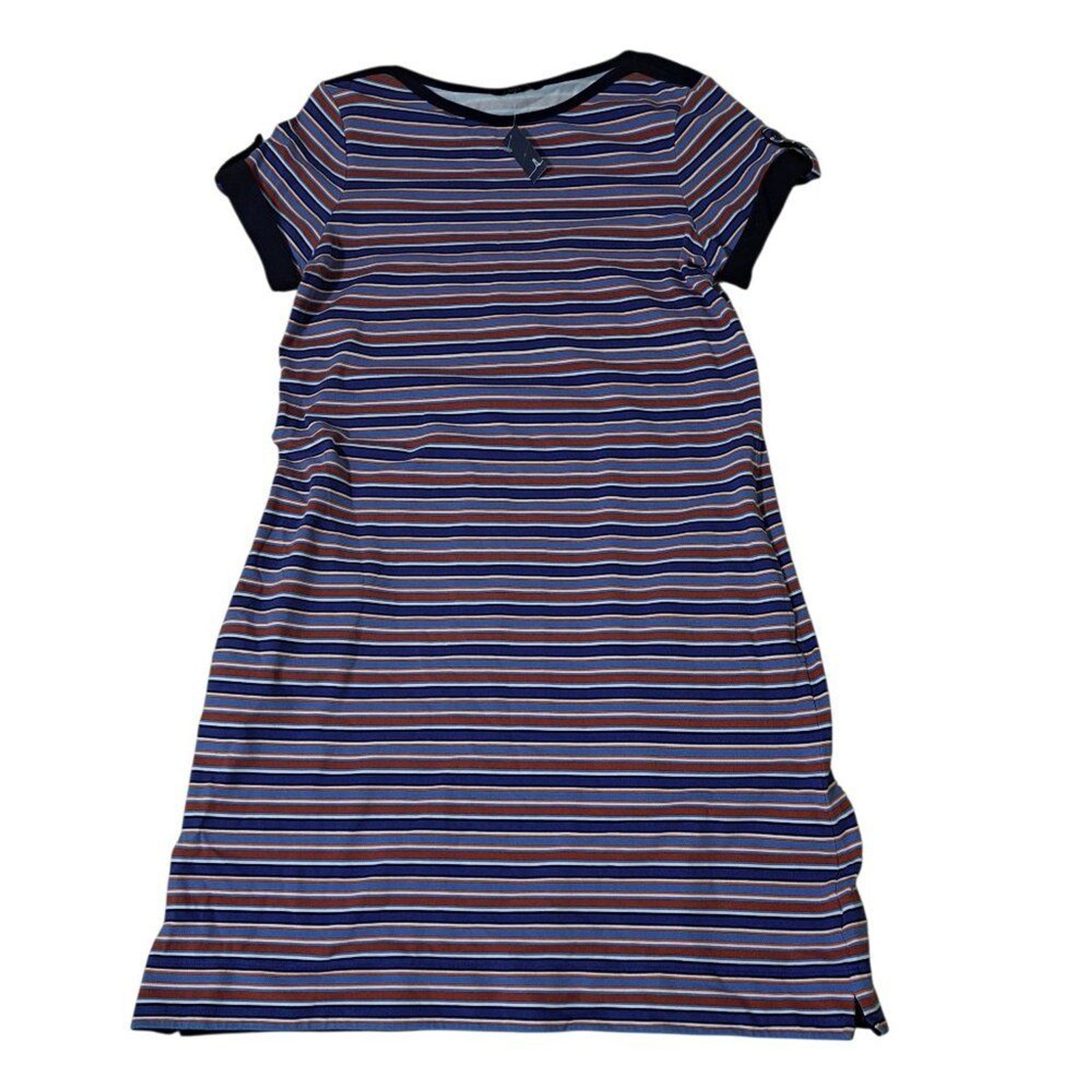 Lands’ End Women’s Nautical Striped Cap Sleeve Shirt Dress Blue Multi Vacation M