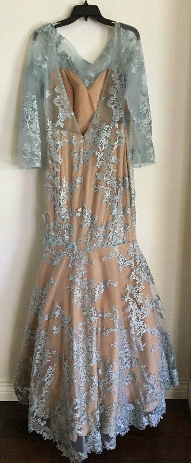 TERANI COUTURE Blue Nude Beaded Lace Long Sleeve Mermaid Gown 16 = XL 1711GL3530