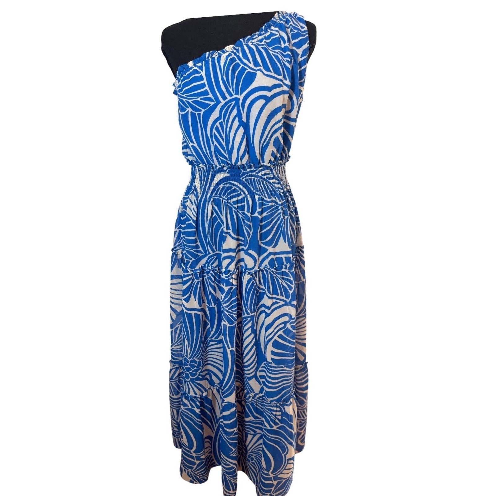 Taylor One Shoulder Maxi Dress Womens 6 Blue White Tropical Smocked Tiered NEW