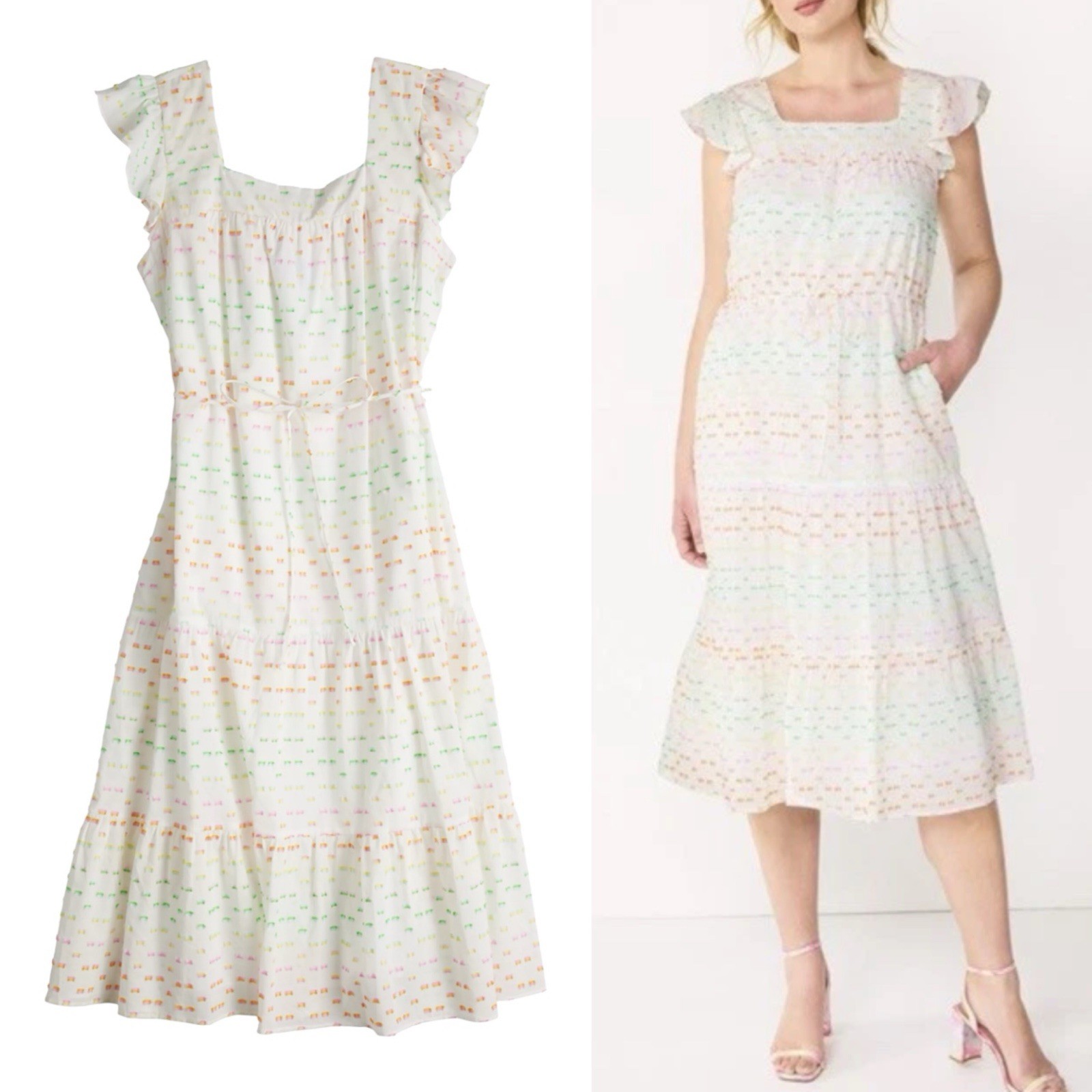 Draper James RSVP Women’s L Midi Dress Square Neck Flutter Sleeve Tiered Rainbow