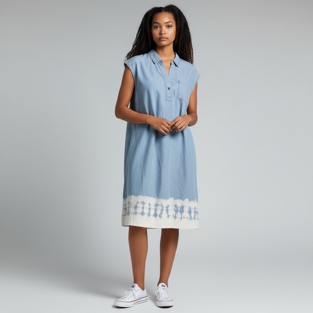 Caffe Marrakesh Women’s Tencel Denim Midi Cap Sleeve Dress Tie Dye Hem – Large