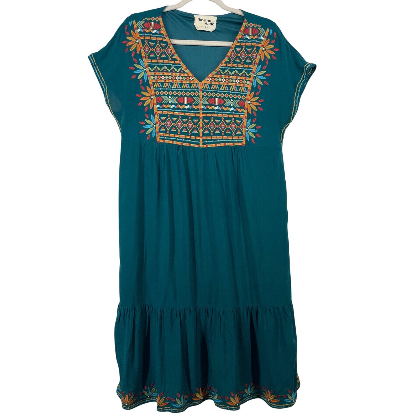 Savanna Jane Size Large Boho Dress Teal Embroidered V-Neck Short Sleeve Tiered