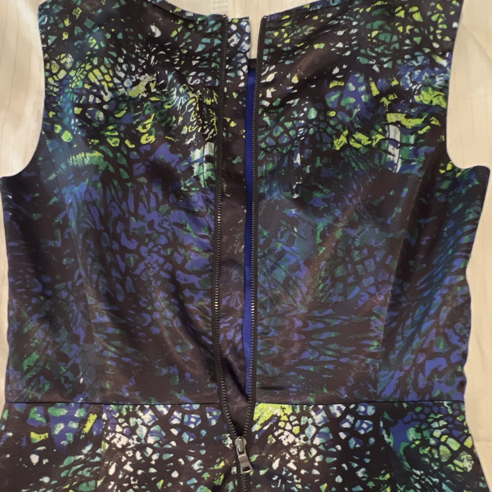 Tahari Black Blue Green Satin Sheath Dress Sleeveless Round Neck Lined Zip 2