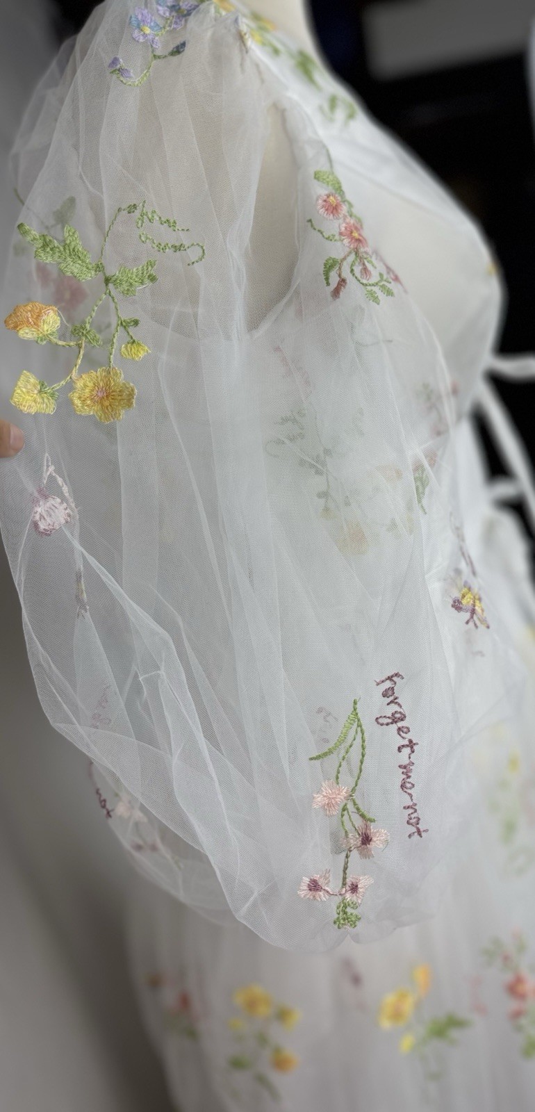 Whimsical Wildflower Embroidered Dress Tulle Puffy Sleeve Corset Back Size M