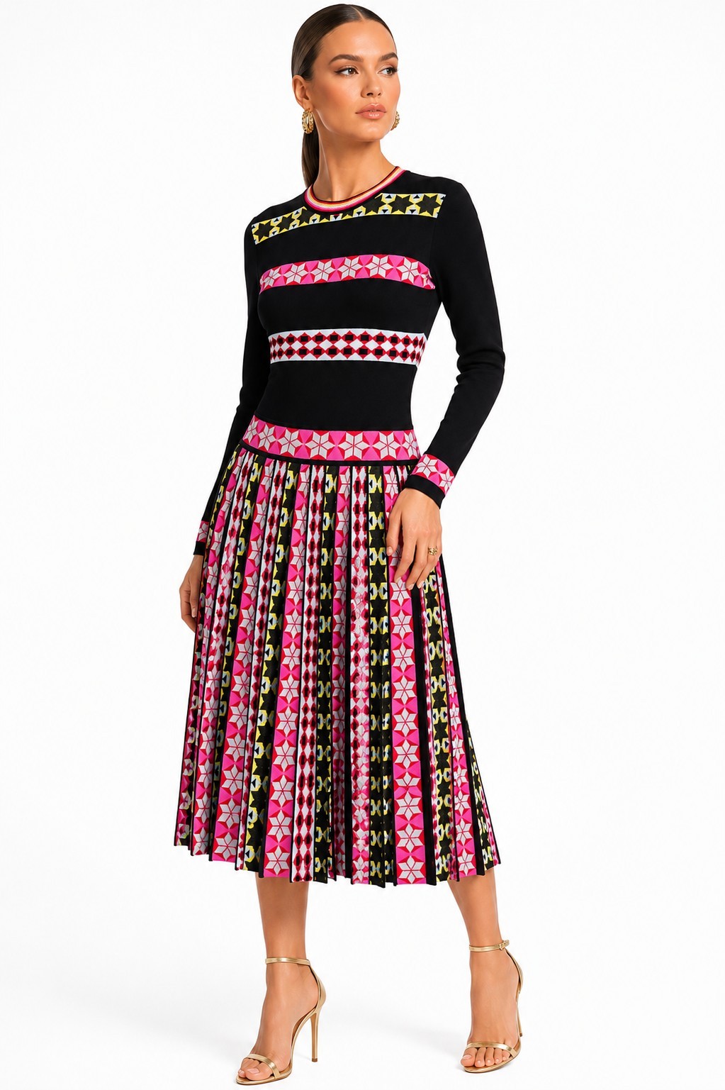 Emilio Pucci Knit Fit & Flare Pleated Midi Dress Geometric Print Size S