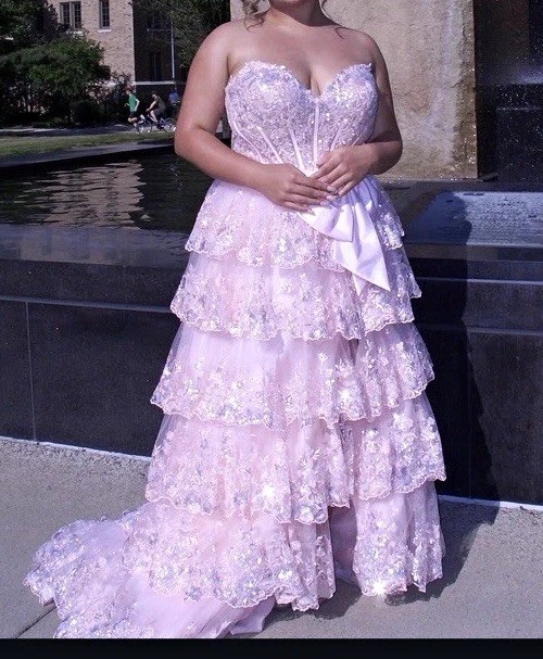 Sherri Hill, Pink Strapless Sweetheart Prom Gown Corset Sequin Beaded Ruffle