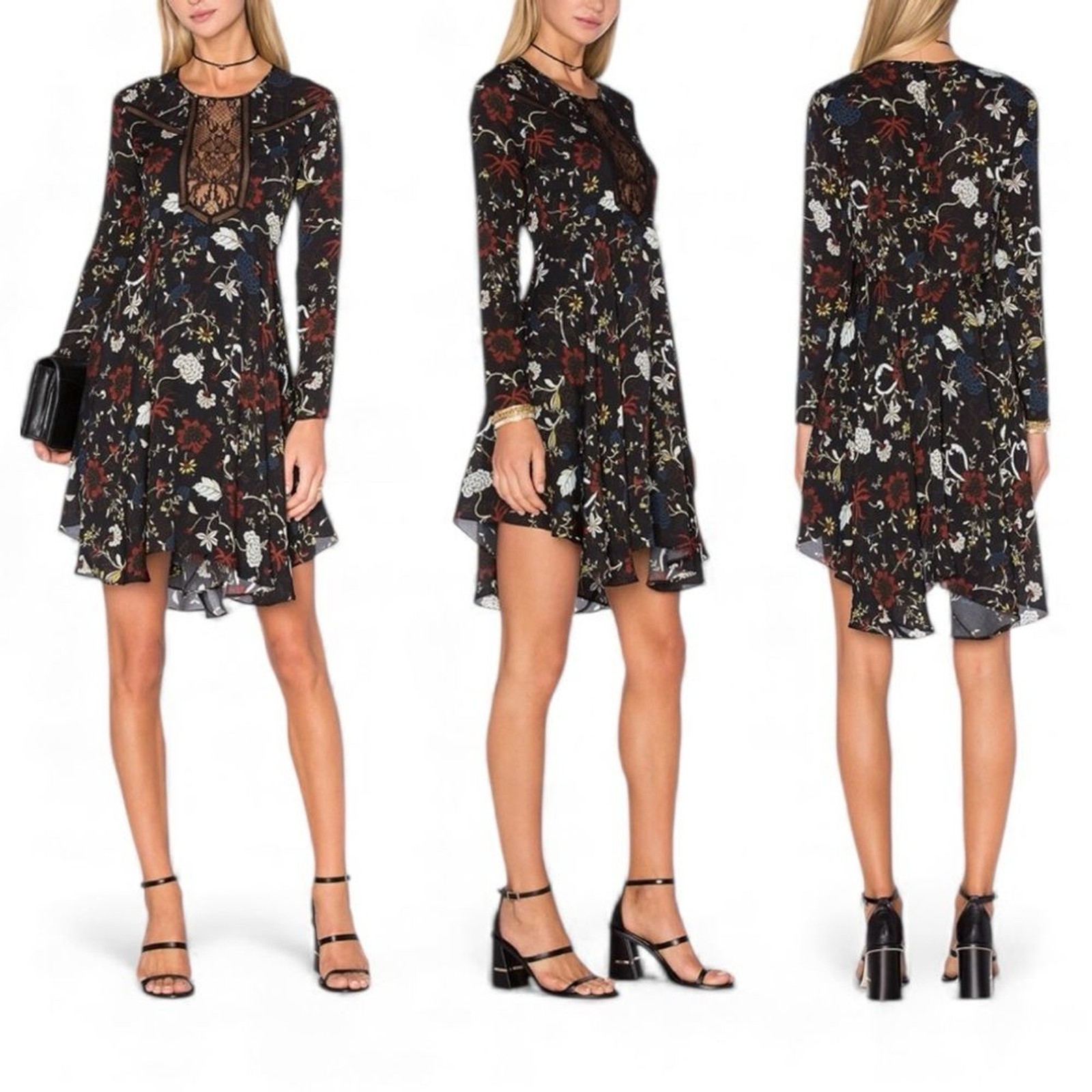 A.L.C. Cynthia Silk Black Floral Print Lace Round Neck Long Sleeve Dress 10