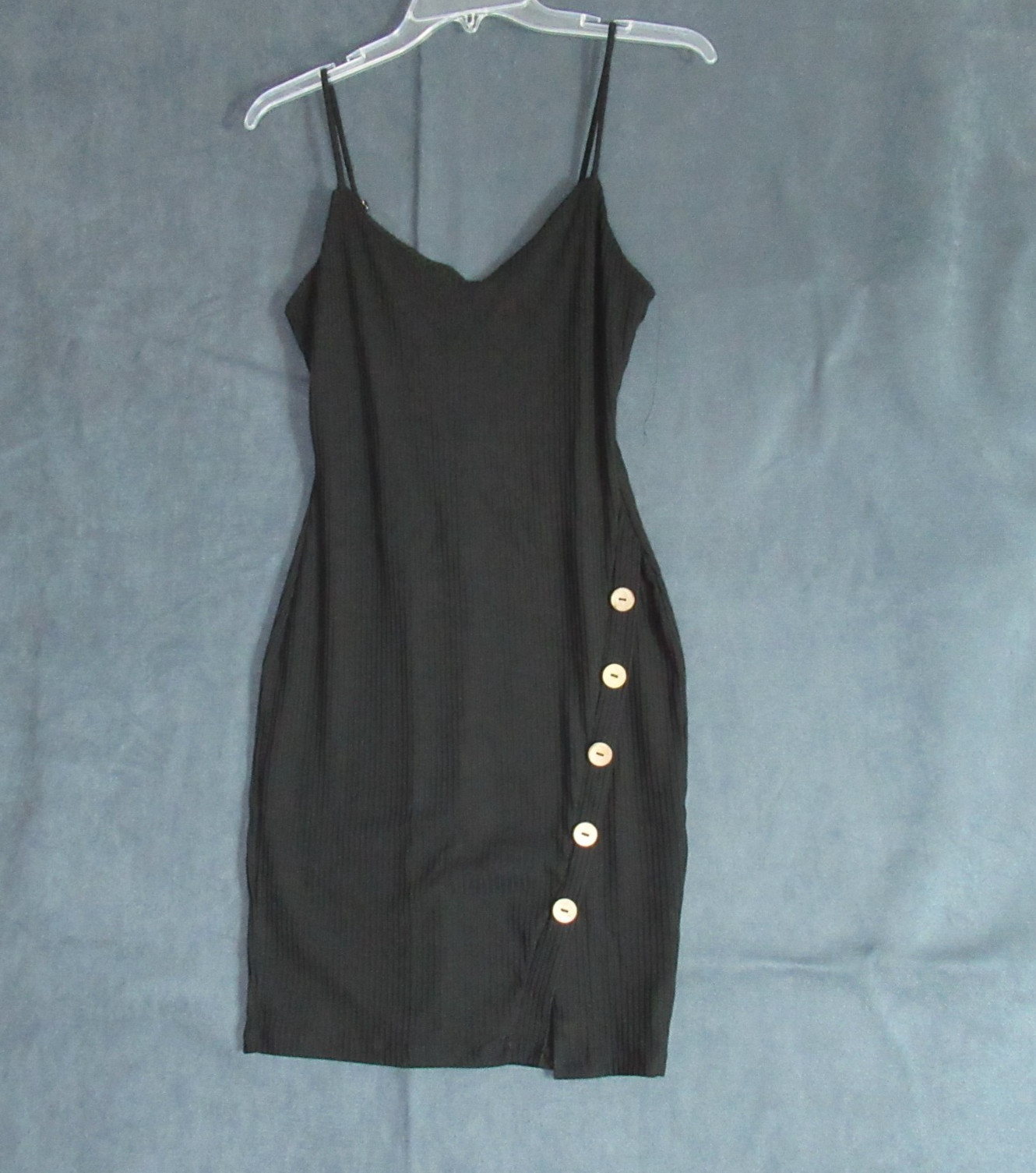 Iris Dress Womens Medium Black Spaghetti Strap Bodycon Ribbed Button Sexy Party