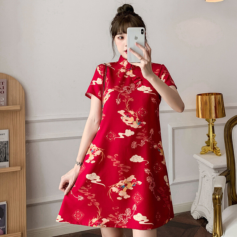 Retro Women Red Chinese Style Dress Large Size Cheongsam Qipao A-Line Dress