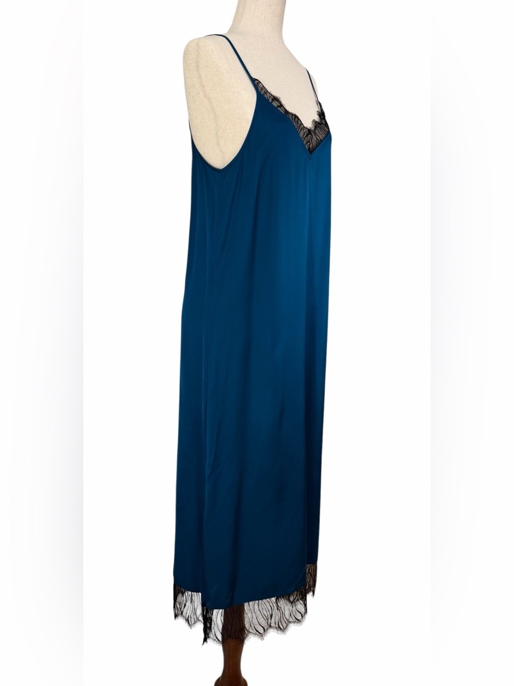 The Kooples NWT Teal Slip Dress with Black Lace Trim
