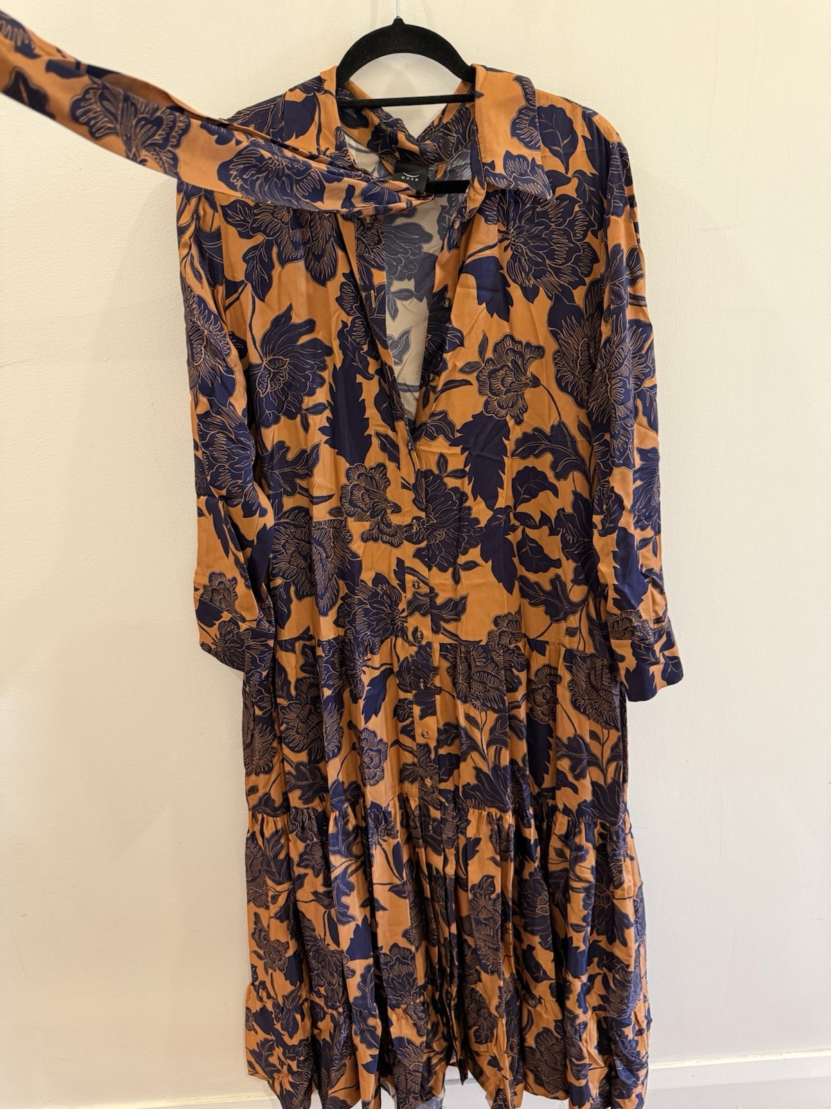 Husk Orange and Navy Floral Maxi Dress with Long Sleeves and Tie Size 16