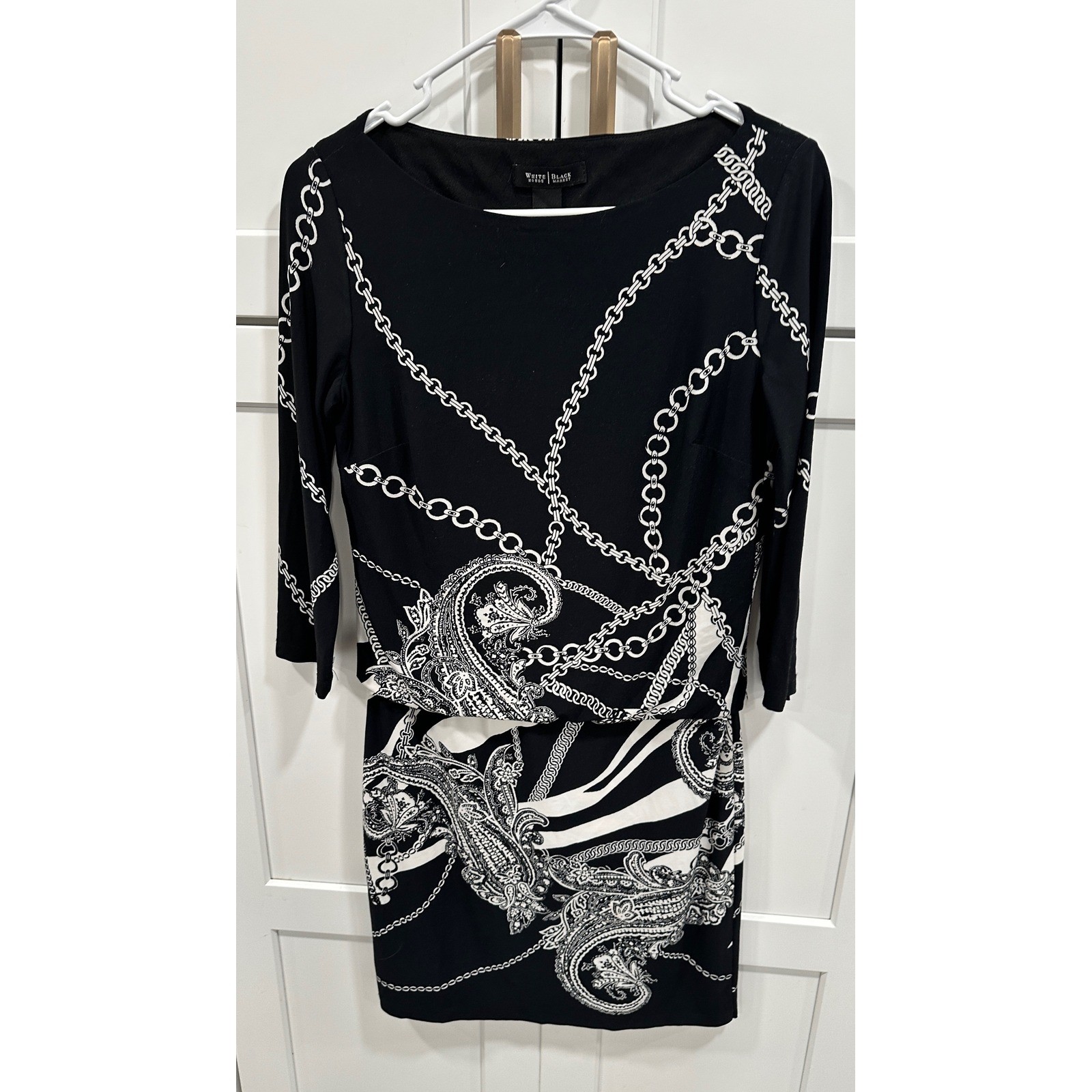 White House Black Market Chain Print Sheath Dress Black White XS