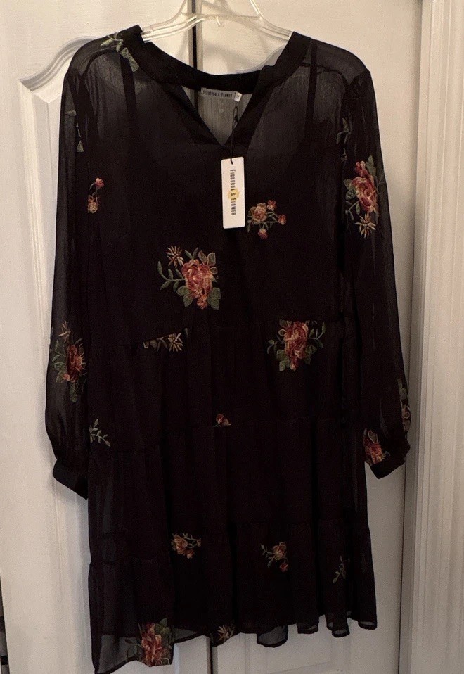 Figueroa & Flower 1X Black Sheer Floral Embroidered V-Neck Knee Dress