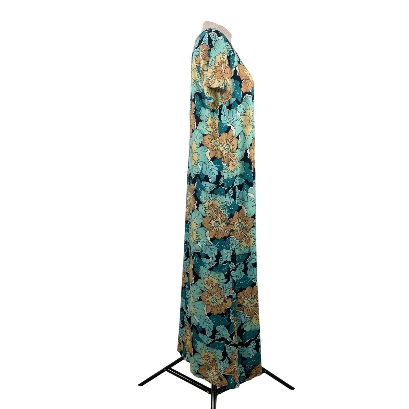 Rainbow Jo Maui Hawaii Womens Small Rayon Hibiscus Floral Maxi Dress Teal Tan