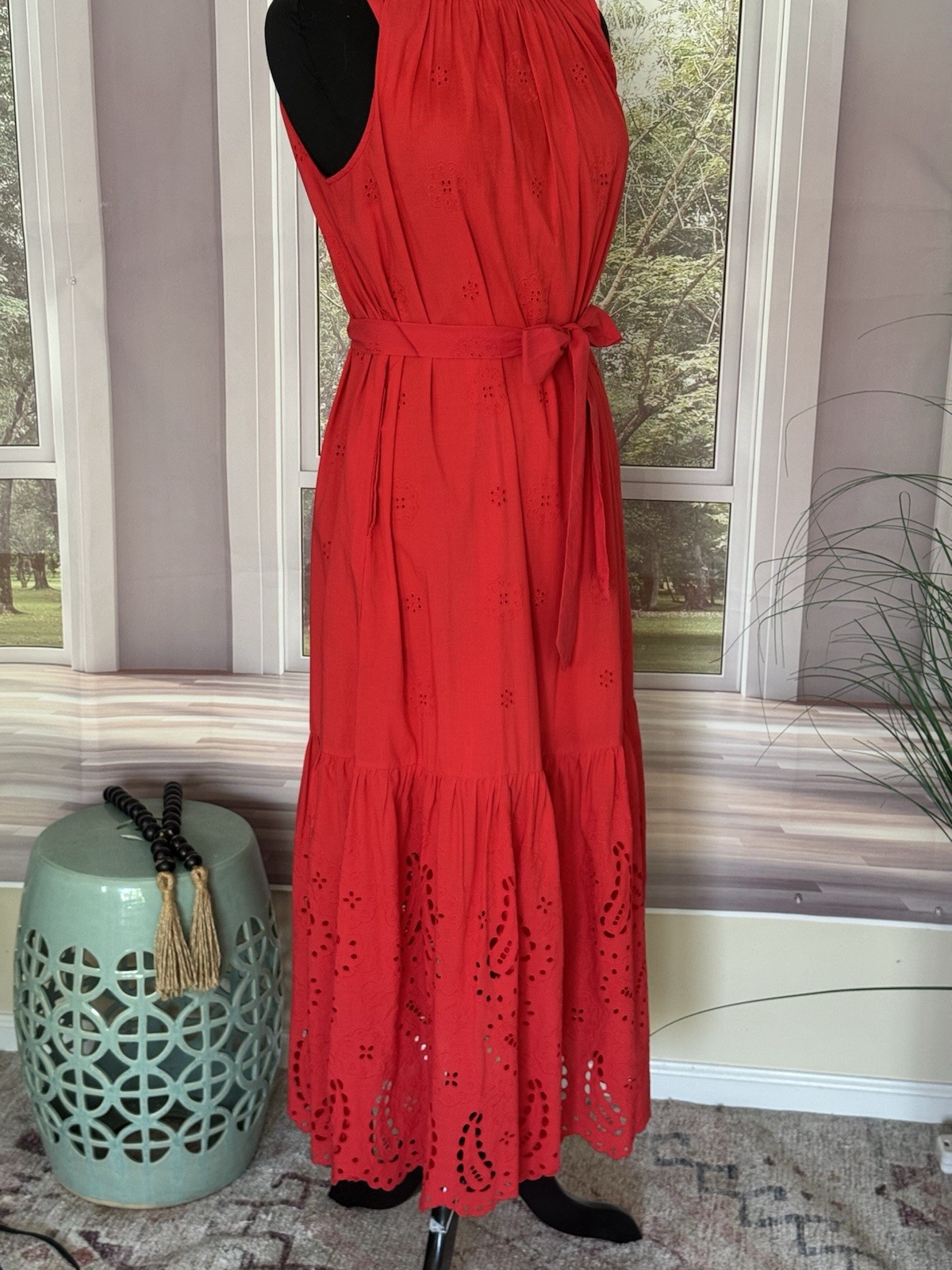 Destination 365 Red Cotton Eyelet Midi Dress,XS, NWOT