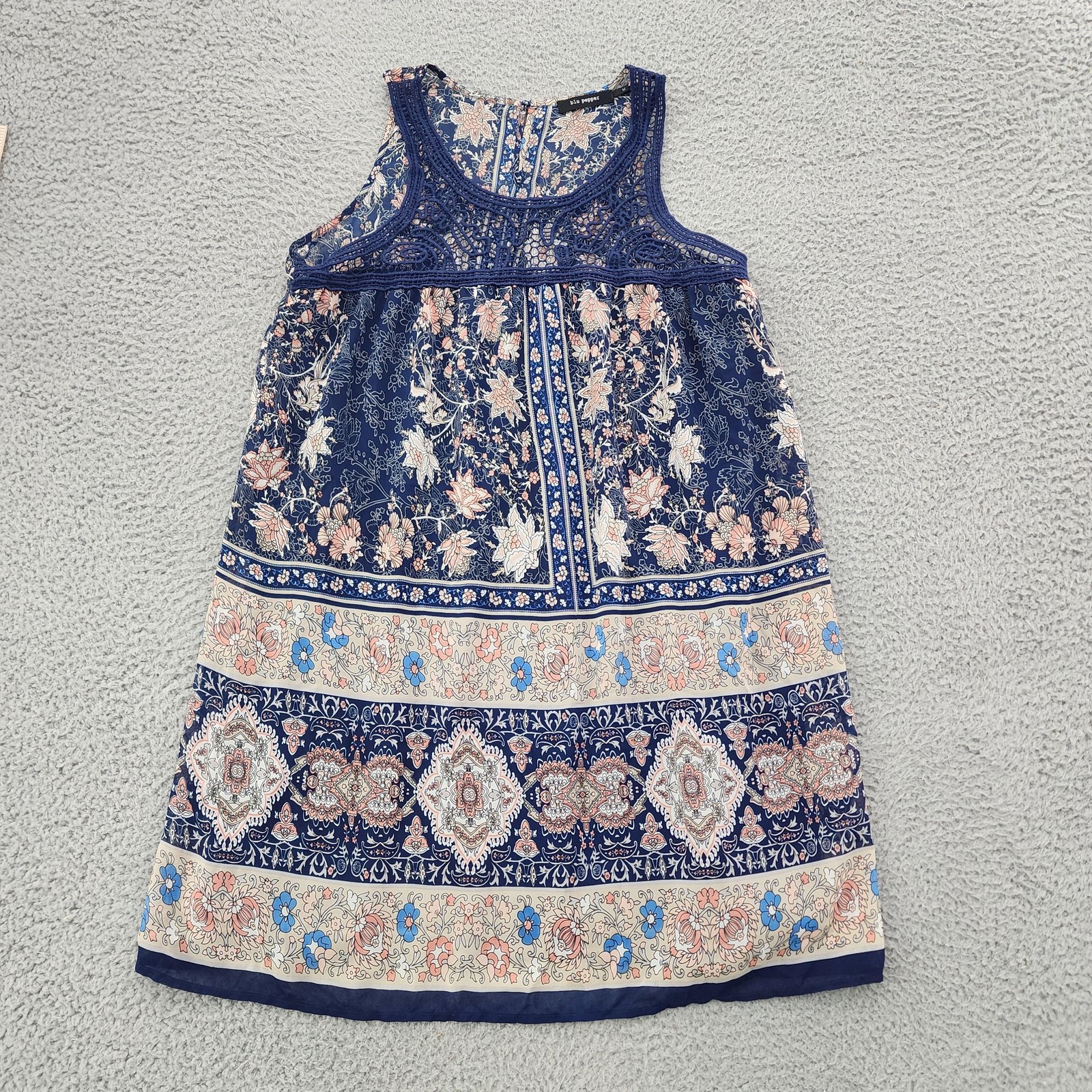 Blu Pepper Tank Top Womens M Blue Floral Boho Lace Sleeveless Lightweight