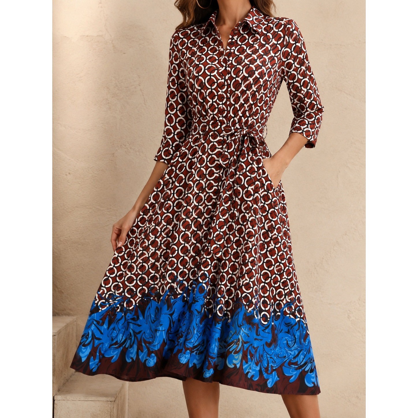 Zara Geometric Print Belted Midi Shirt Dress Retro Mod Blue Border Size S