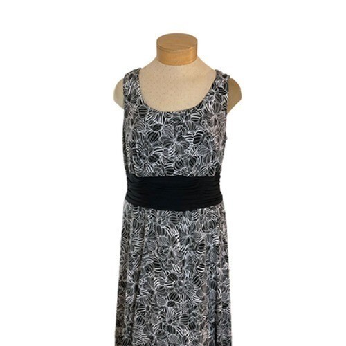 Perceptions Black White Floral Leaf Sleeveless Midi Dress Ruched Waist Sz 16W 1X