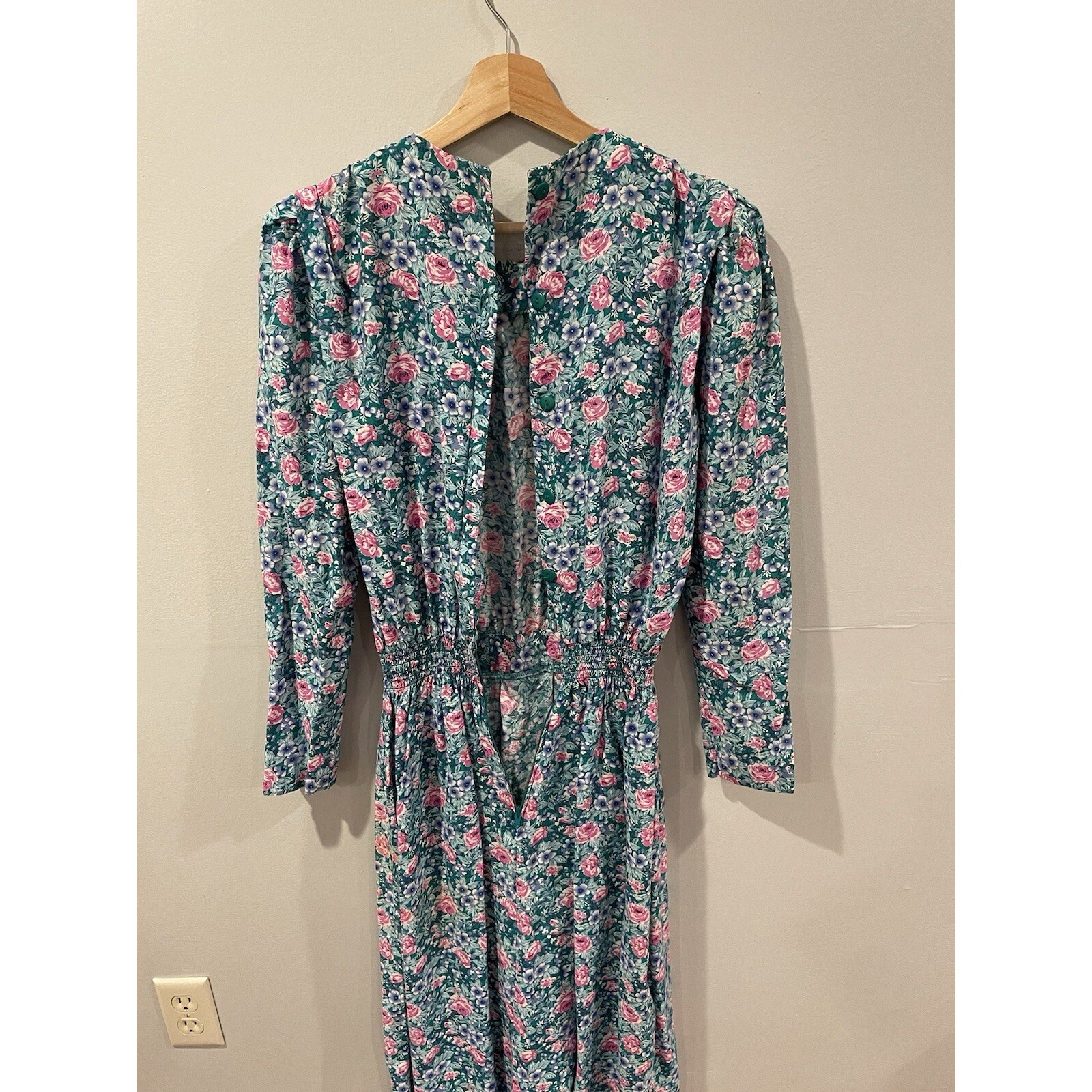 Vintage 80’s Karin Stevens Dress Size 8 Green Floral Cottagecore Retro Prairie