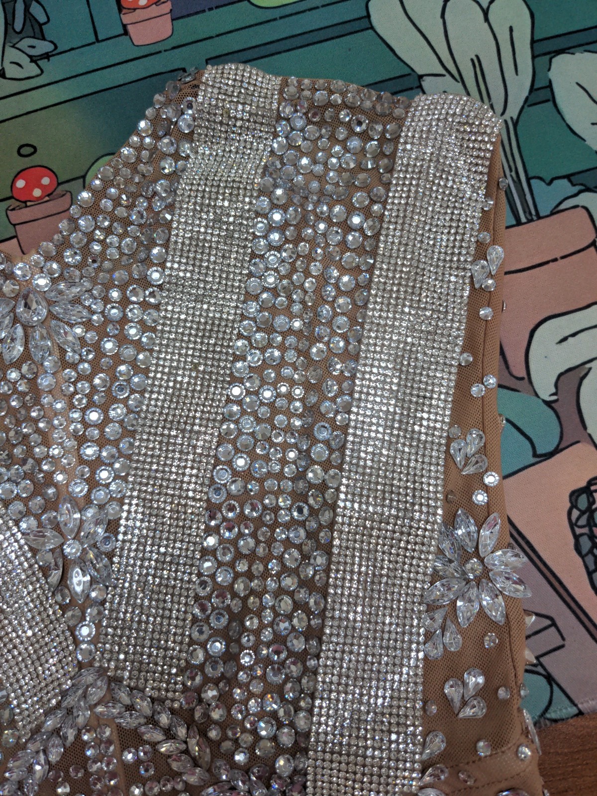 Pre-owned Mew Mews Strapless Embellished Rhinestone Fringe Mesh Mini Dress Sz M