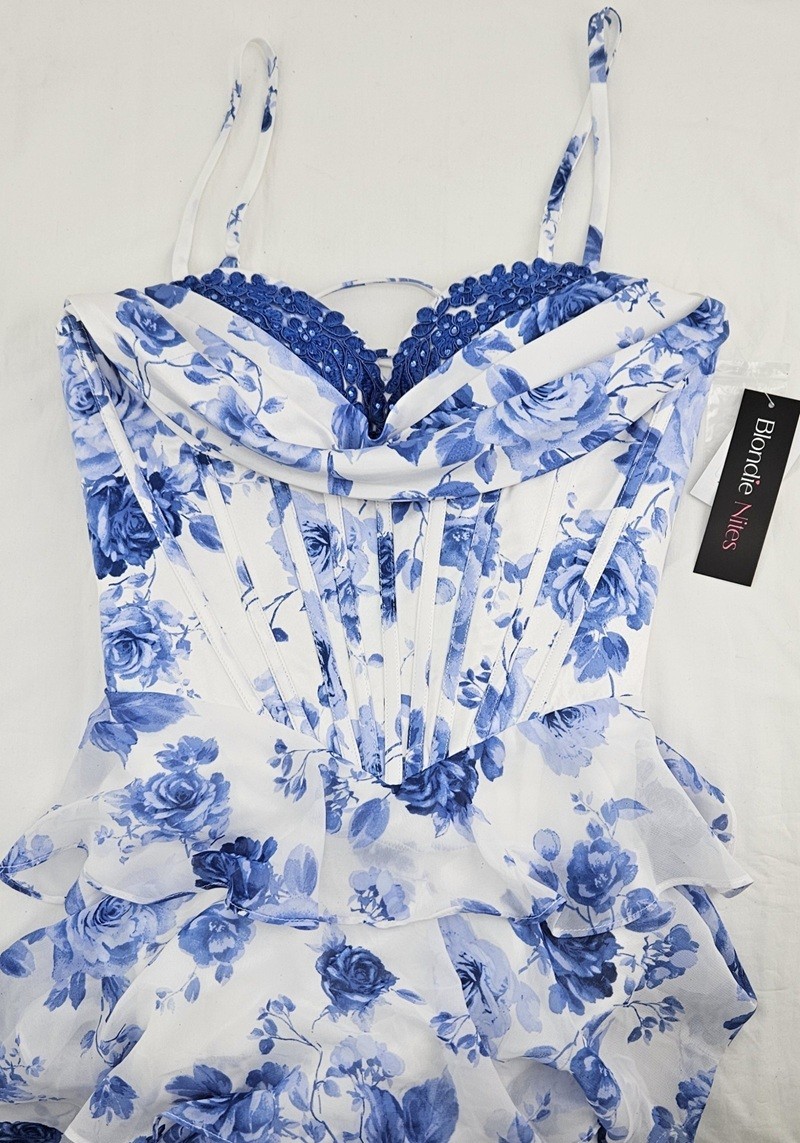 Blondie Nites Juniors’ Printed Corset Tiered Ruffle Gown Dress Size 11 Blue