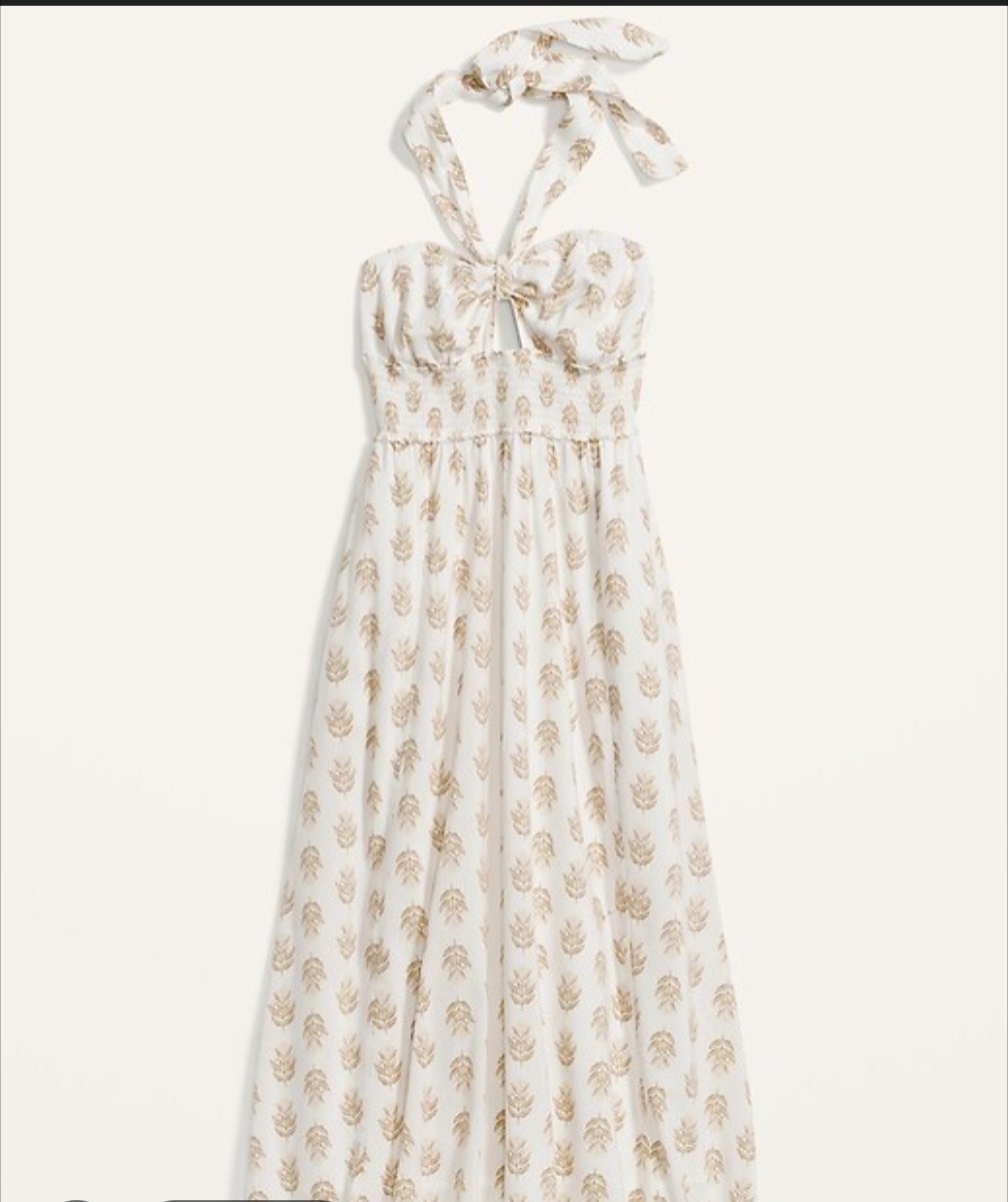 Old Navy Women’s L White/Beige Floral Halter Smocked Sleeveless Midi Dress