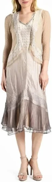 NEW, Koma Rov Beaded Neck Tiered Chiffon & Charmeuse Midi Dress Size S #MD2194