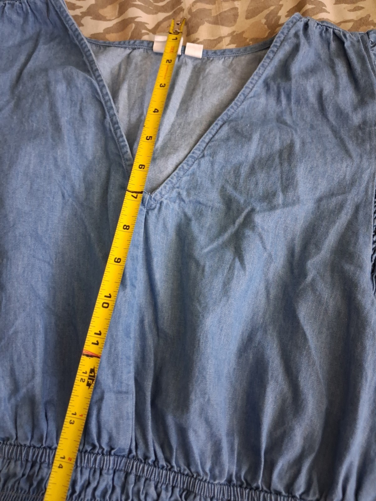 GAP Dress Womens L Petite Denim Chambray Mini Flare Tier Waist Tie Ruffle Vneck