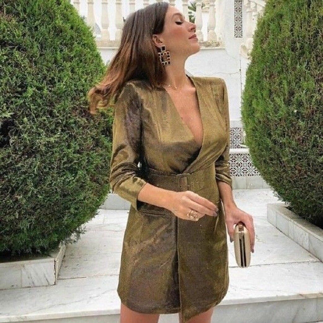 Zara Belted Metallic Gold Mini Blazer Tuxedo Dress Party Small New 90s Shimmer