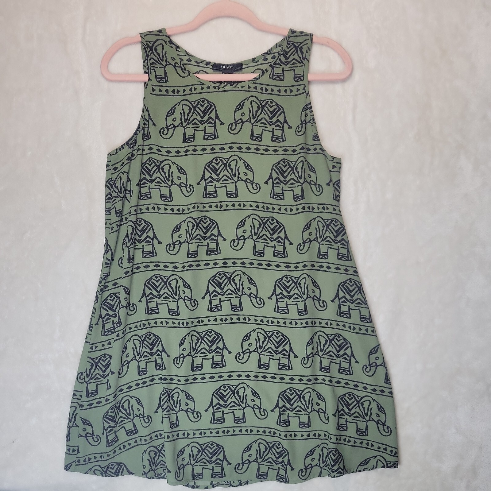 Forever 21 M Woman’s Tank Mini Dress / Tunic Olive Green w/ Elephant Print