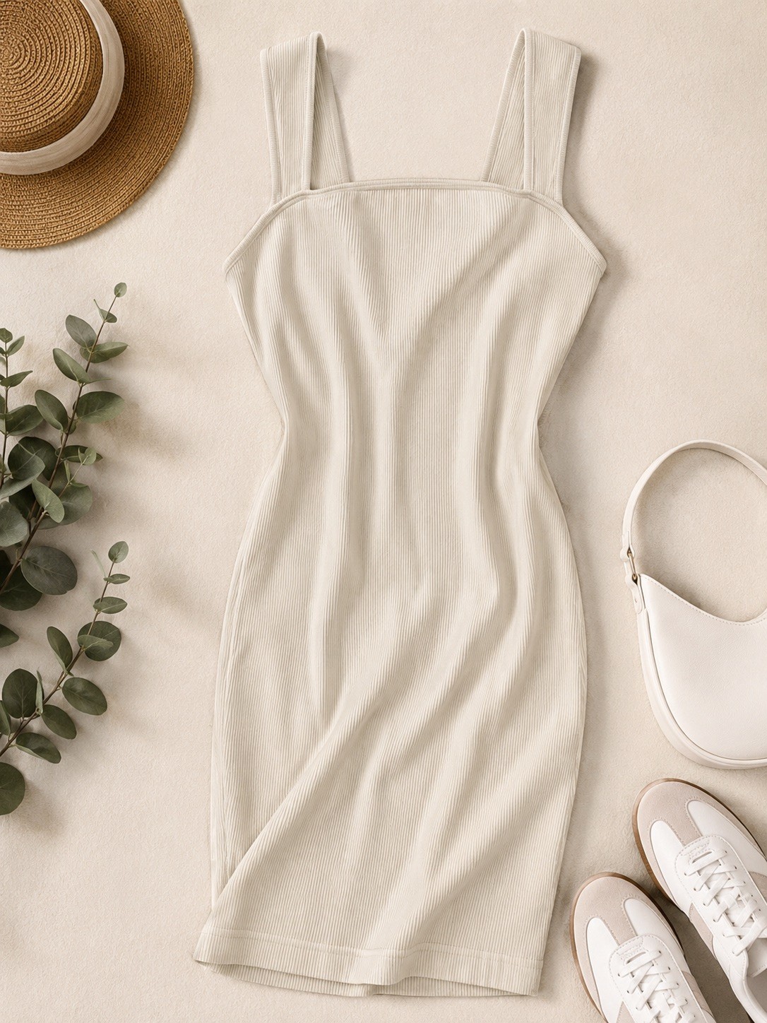 OQQ Ribbed Cream Bodycon Mini Dress XL Square Neck Sleeveless Stretchy