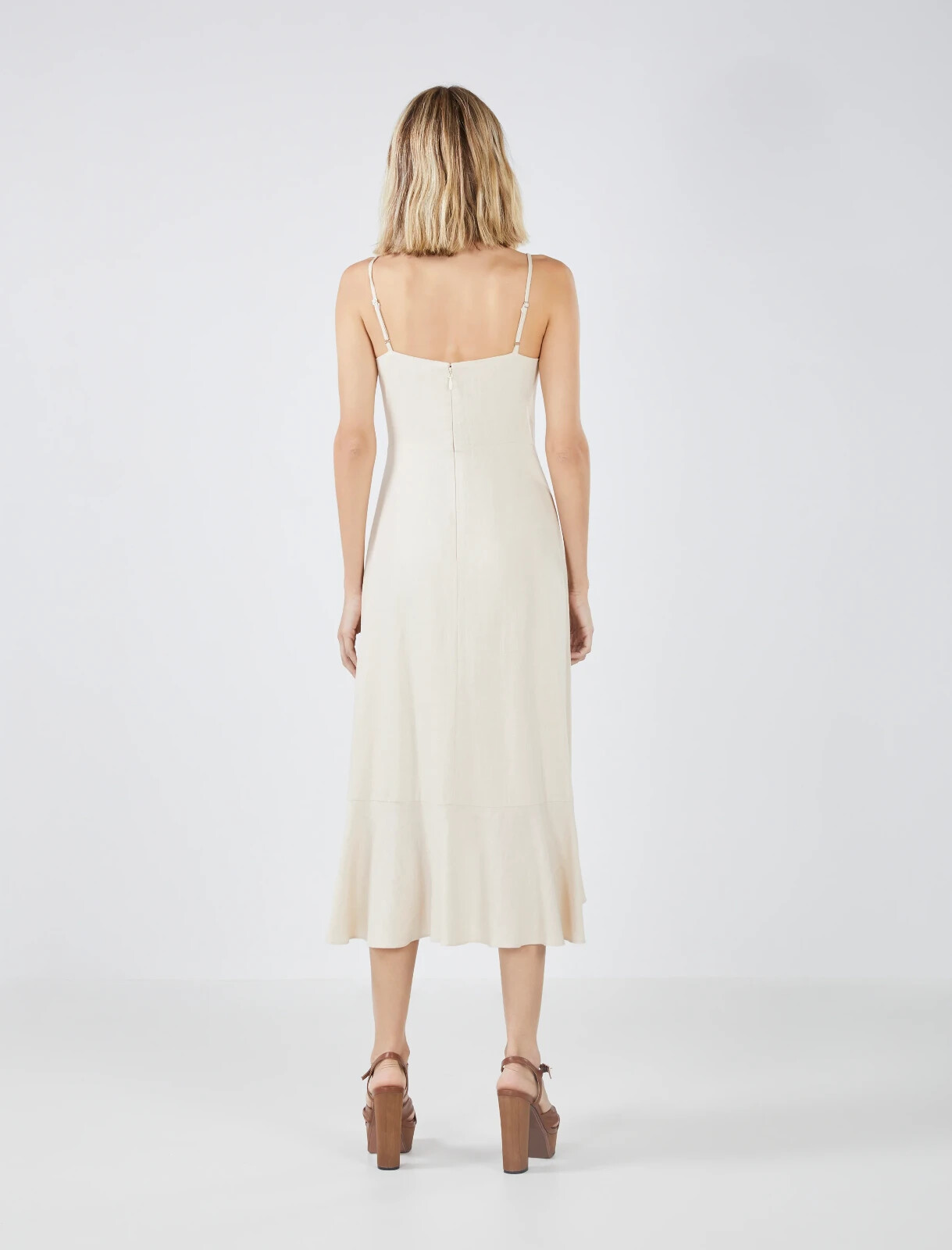 BCBGMAXAZRIA LINEN BLEND “DORIS” RUFFLED MIDI DRESS IN COROZO SIZE 10-$268