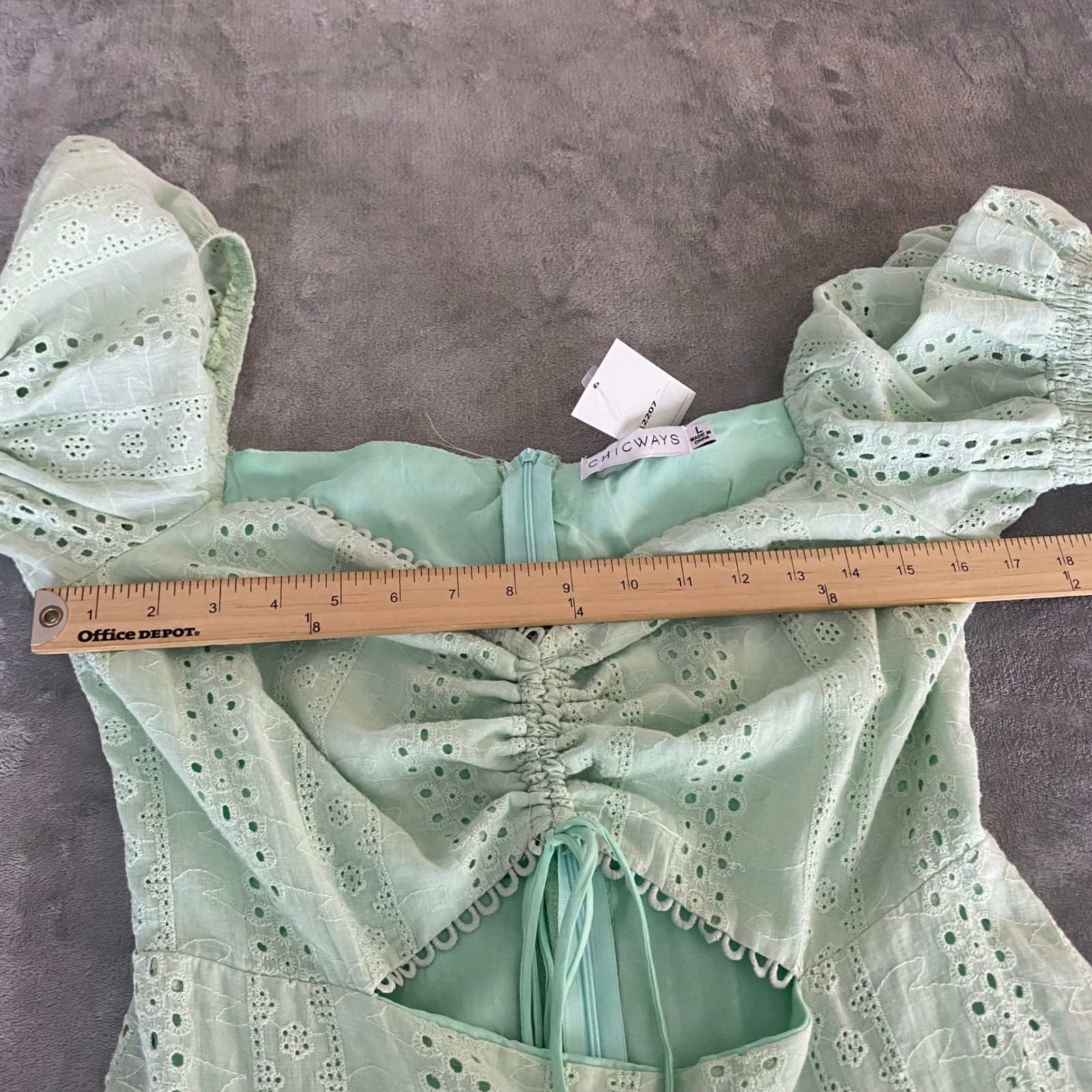 Chicways Eyelet Lace Mini Dress Womens L Mint Green Cutout Bell Sleeve NWT
