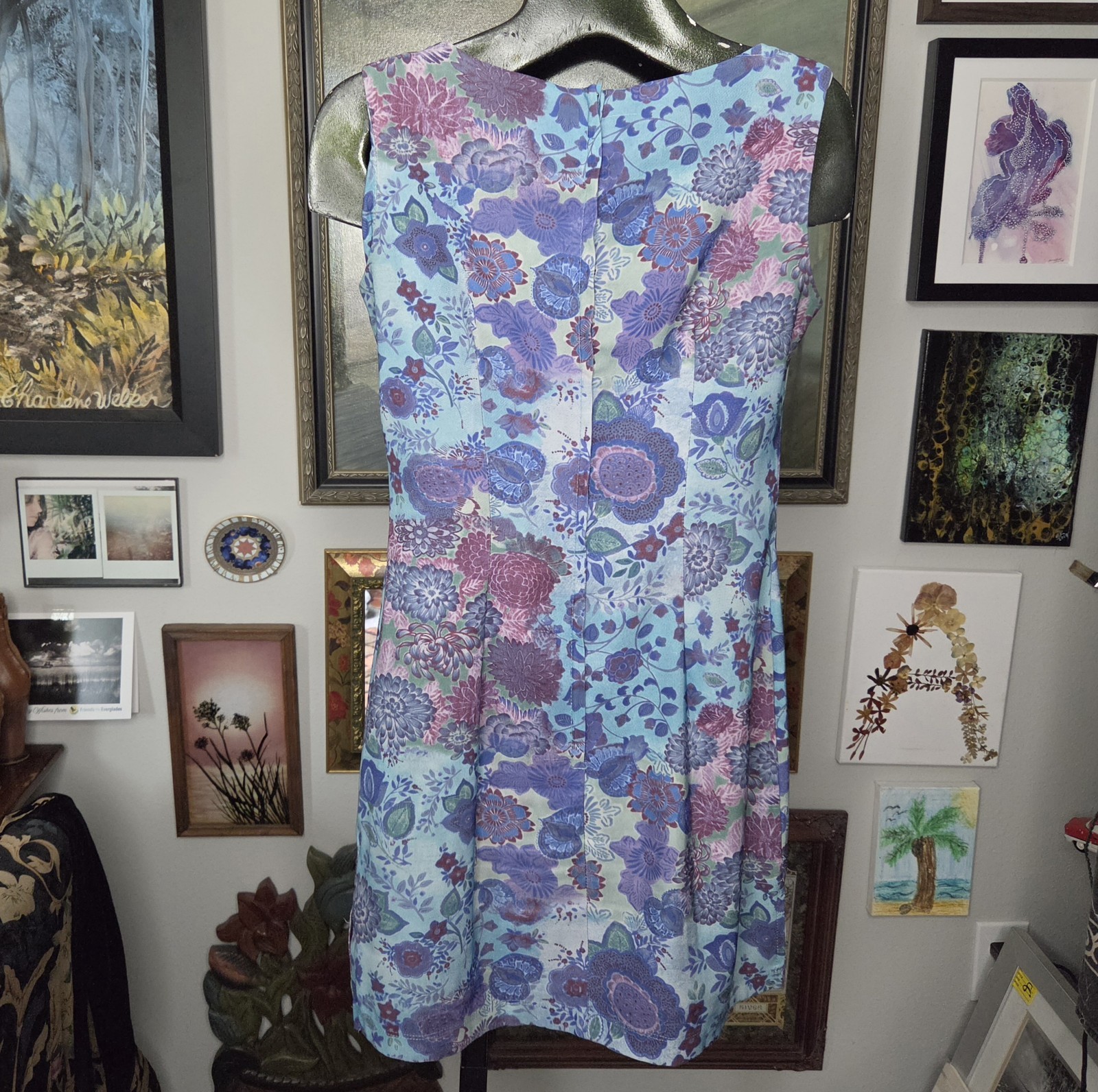 Y2K My Michelle Blue Purple Bright Retro Floral Artsy Shift Mini Dress Size 3/4