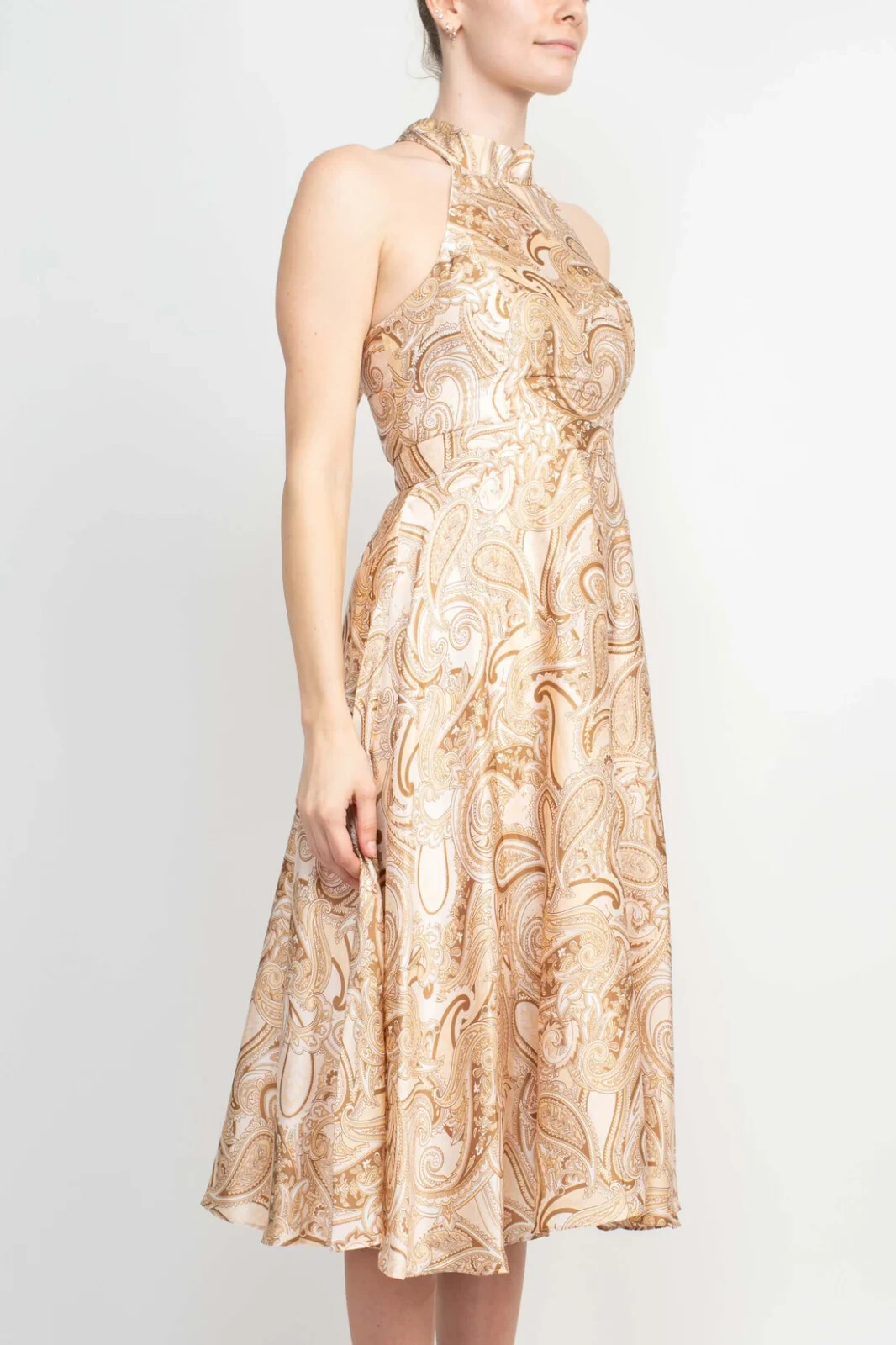 Laundry Satin Tie Back Halter Midi Party Dress 12 14 16 Beige Paisley $160 NWT