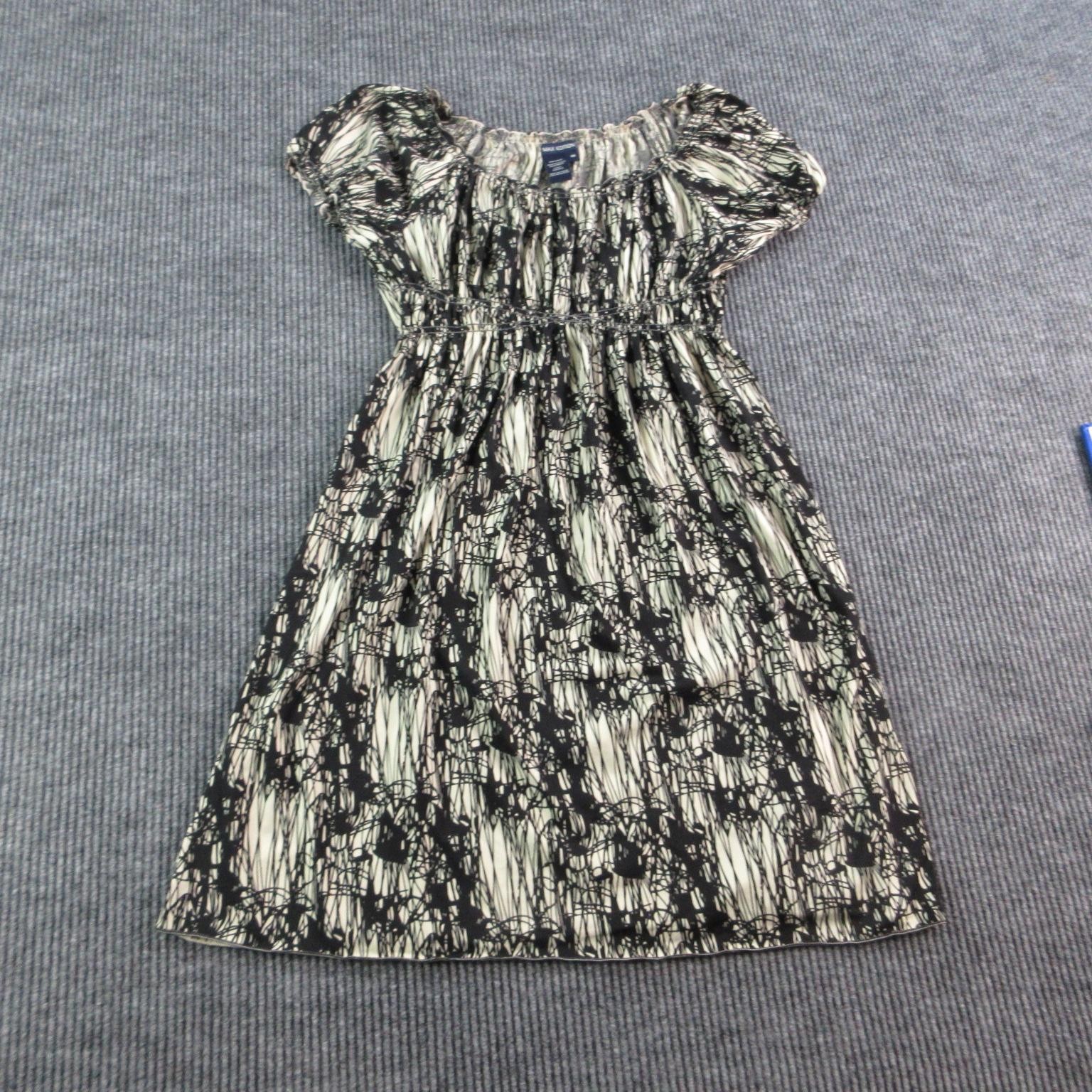 Max Edition Dress Womens M Black Beige Sundress Midi Smocked Puff Sleeve