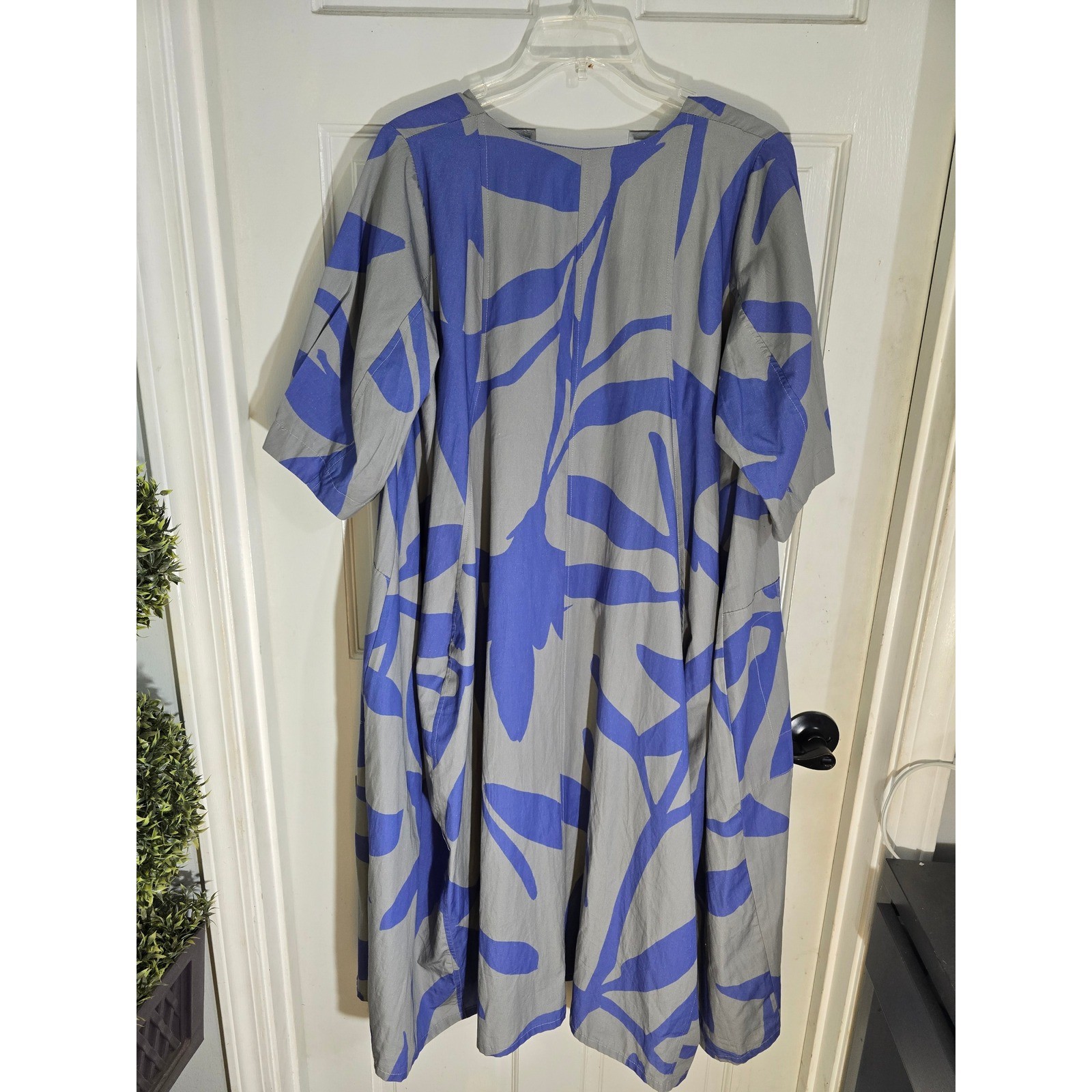 Gershon Bram Grey Blue Abstract Leaf Print Cotton Lagenlook Shift Dress Size M